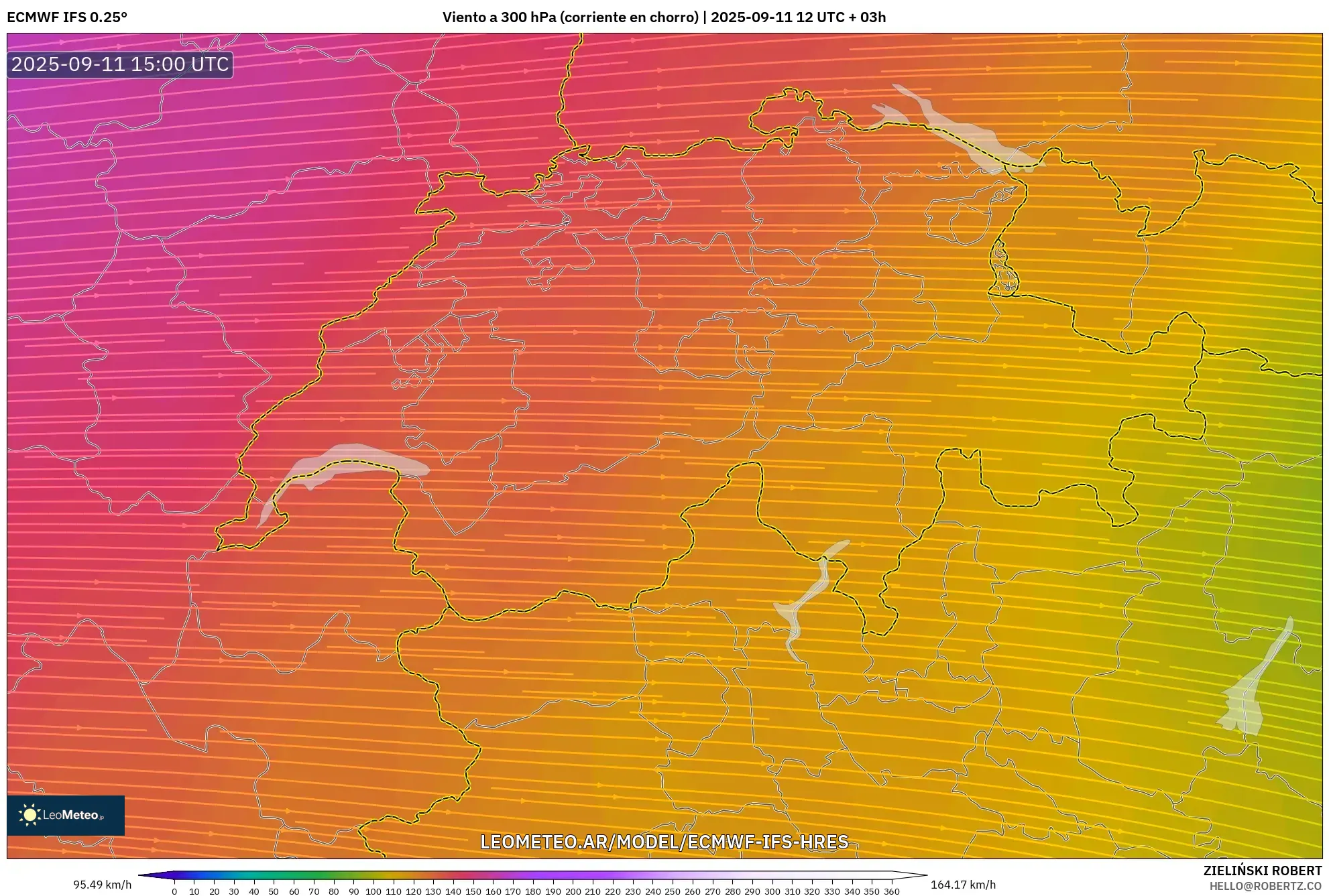 ECMWF IFS 0.25° model - Suiza, Viento a 300 hPa (corriente en chorro)