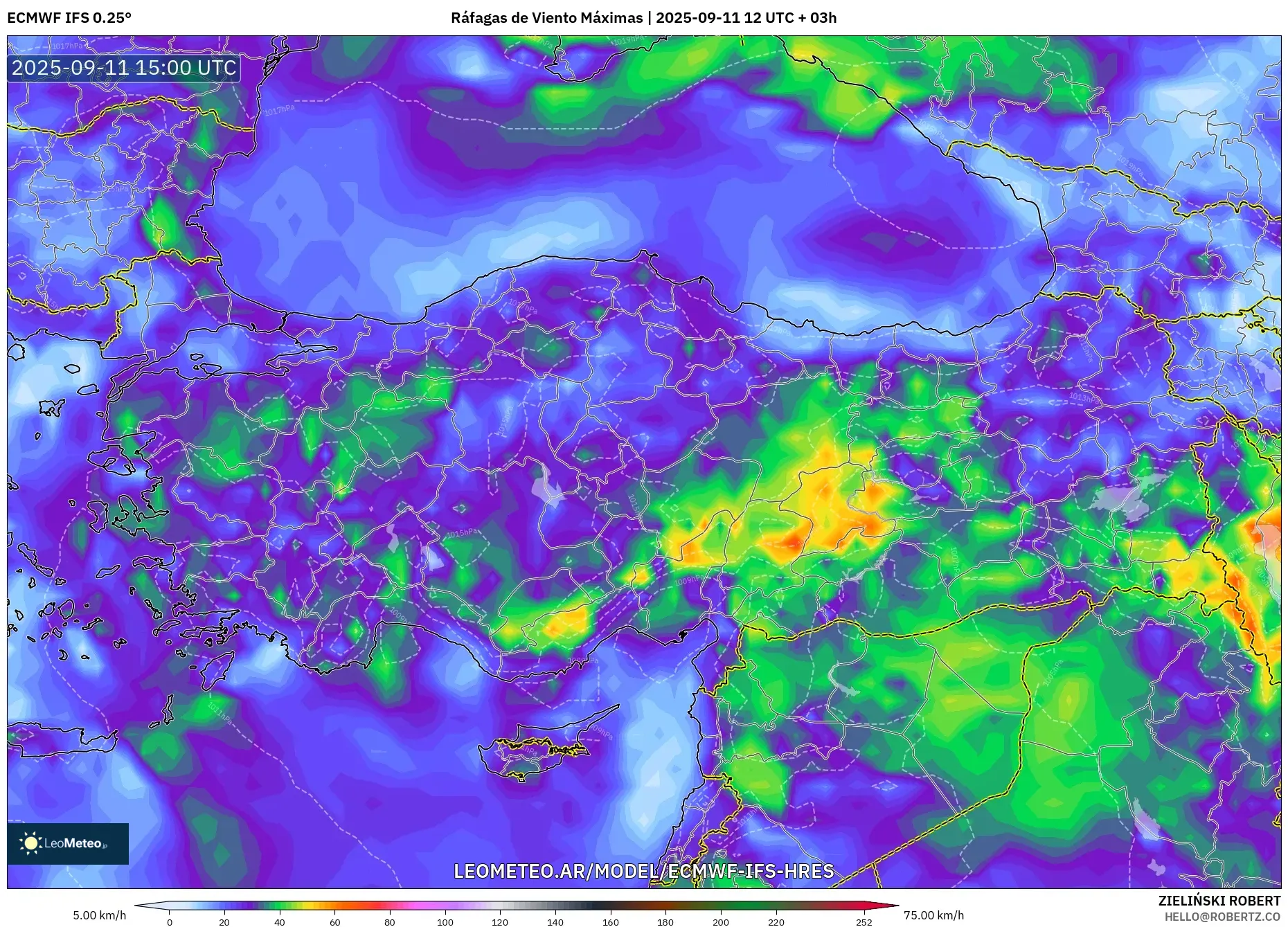 ECMWF IFS 0.25° model - Turquía, Ráfagas de Viento Máximas ECMWF IFS 0.25° model - Turquía, Ráfagas de Viento Máximas