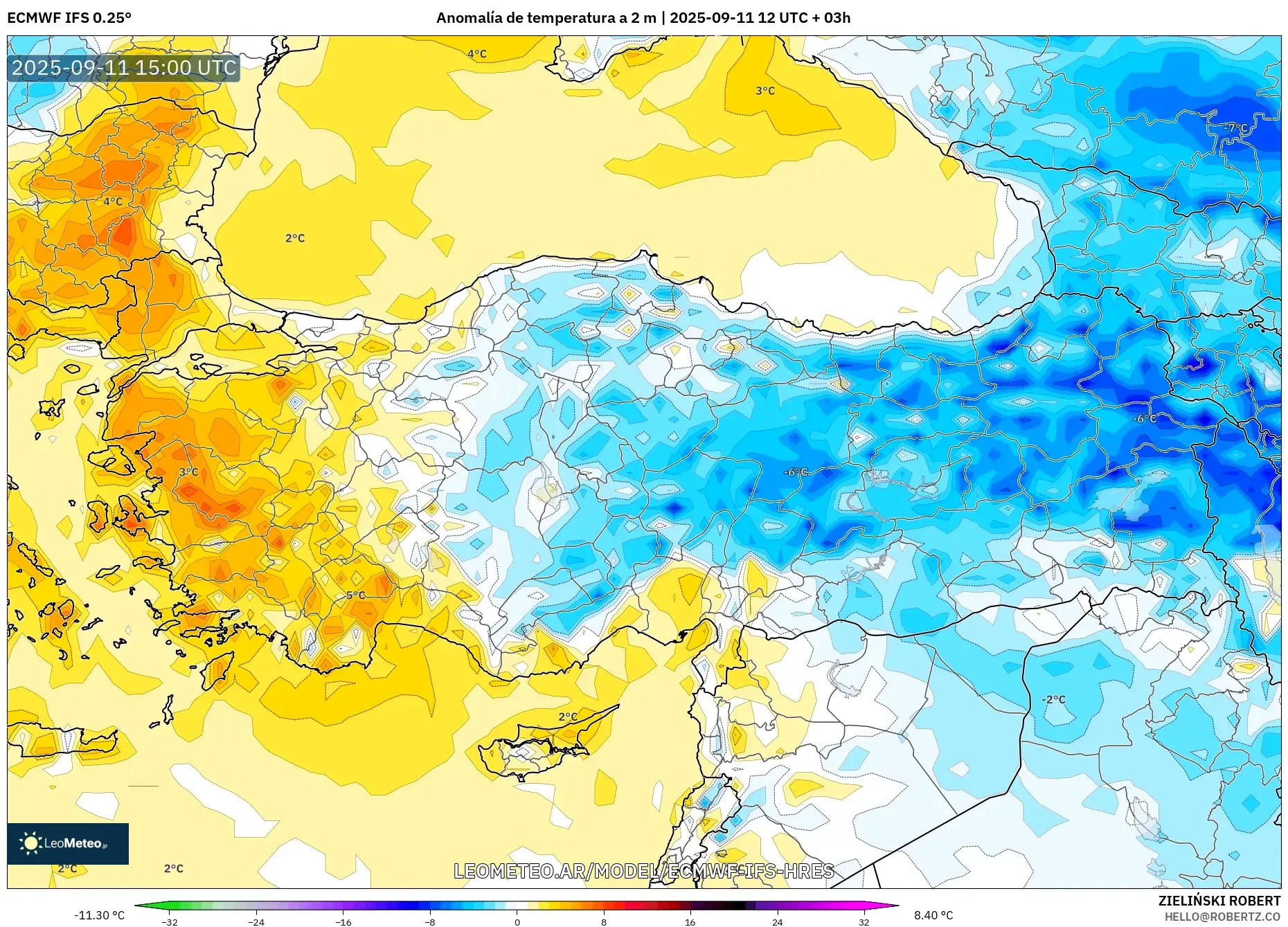 ECMWF IFS 0.25° model - Turquía, Anomalía de temperatura a 2 m ECMWF IFS 0.25° model - Turquía, Anomalía de temperatura a 2 m