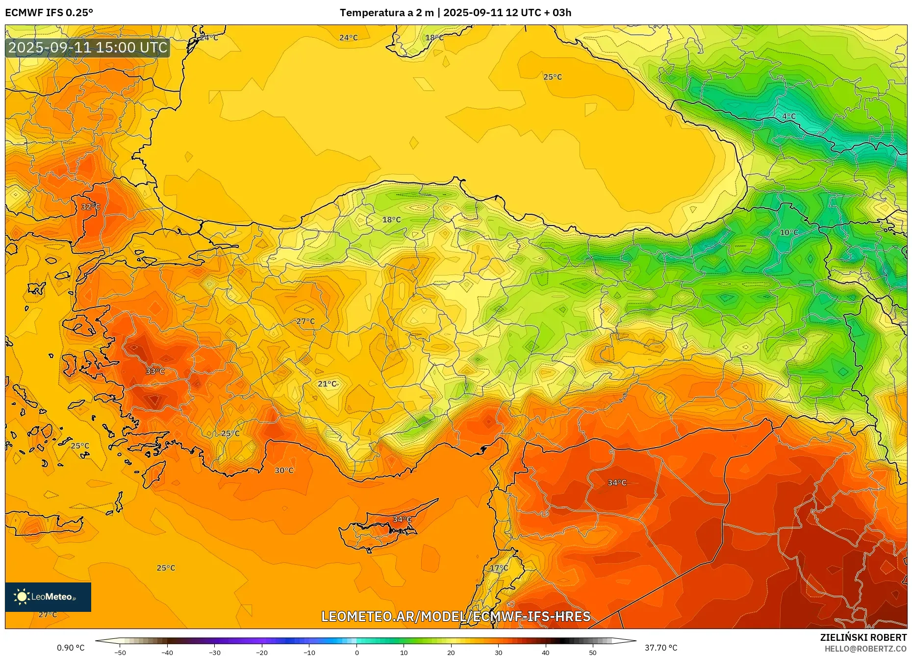 ECMWF IFS 0.25° model - Turquía, Temperatura a 2 m ECMWF IFS 0.25° model - Turquía, Temperatura a 2 m