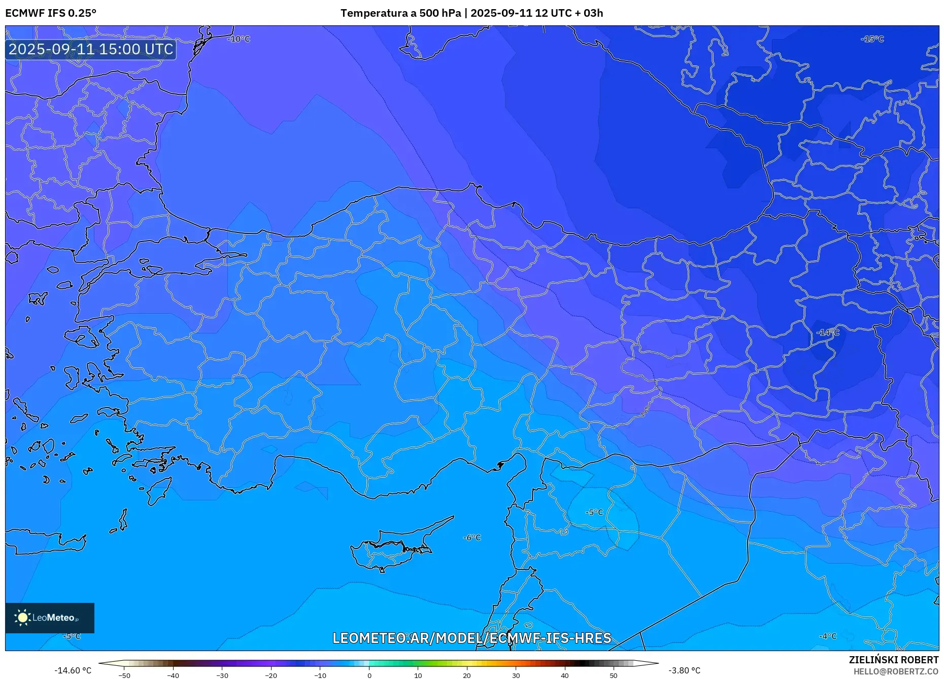 ECMWF IFS 0.25° model - Turquía, Temperatura a 500 hPa ECMWF IFS 0.25° model - Turquía, Temperatura a 500 hPa