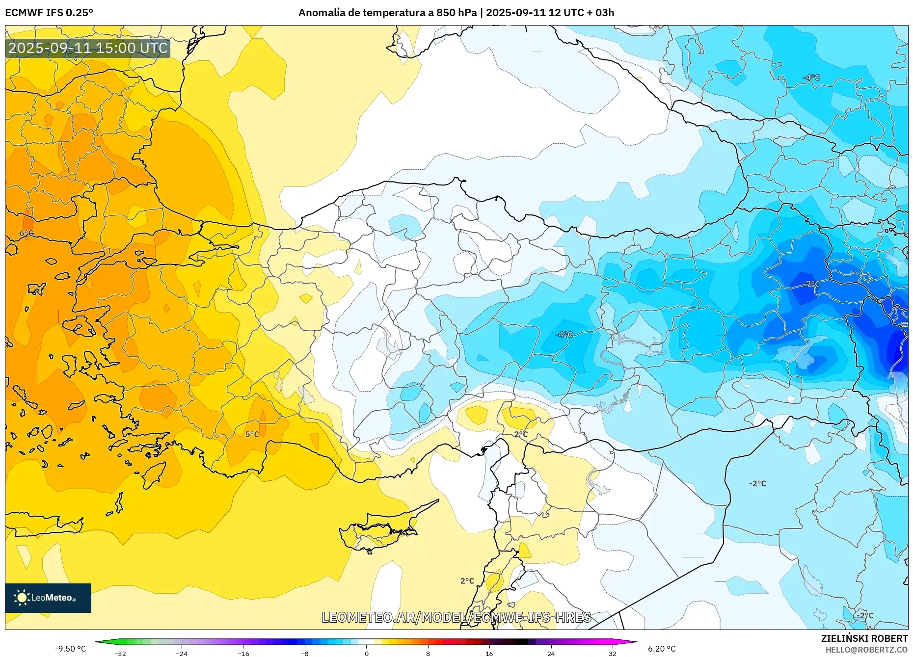 ECMWF IFS 0.25° model - Turquía, Anomalía de temperatura a 850 hPa