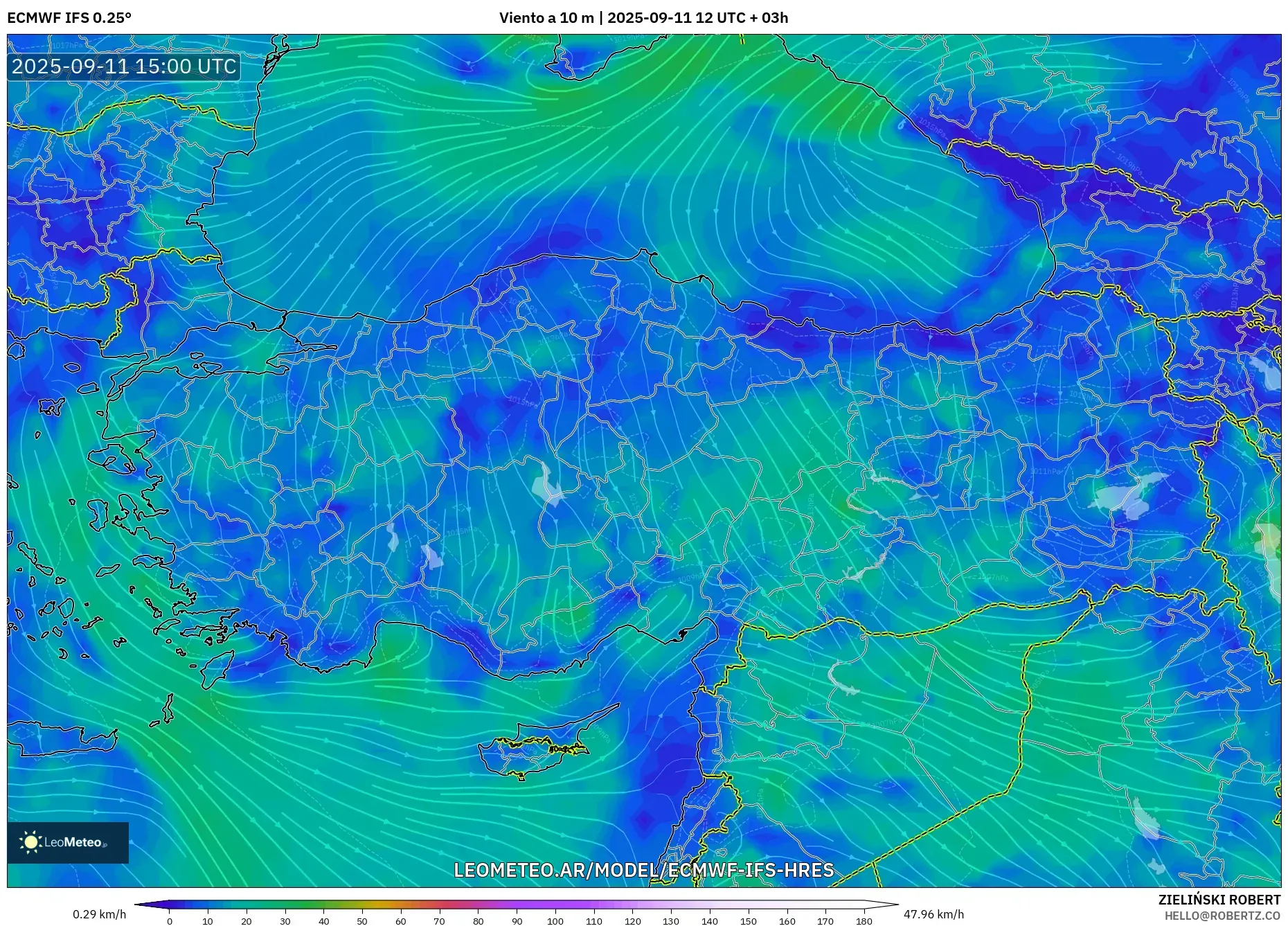 ECMWF IFS 0.25° model - Turquía, Viento a 10 m
