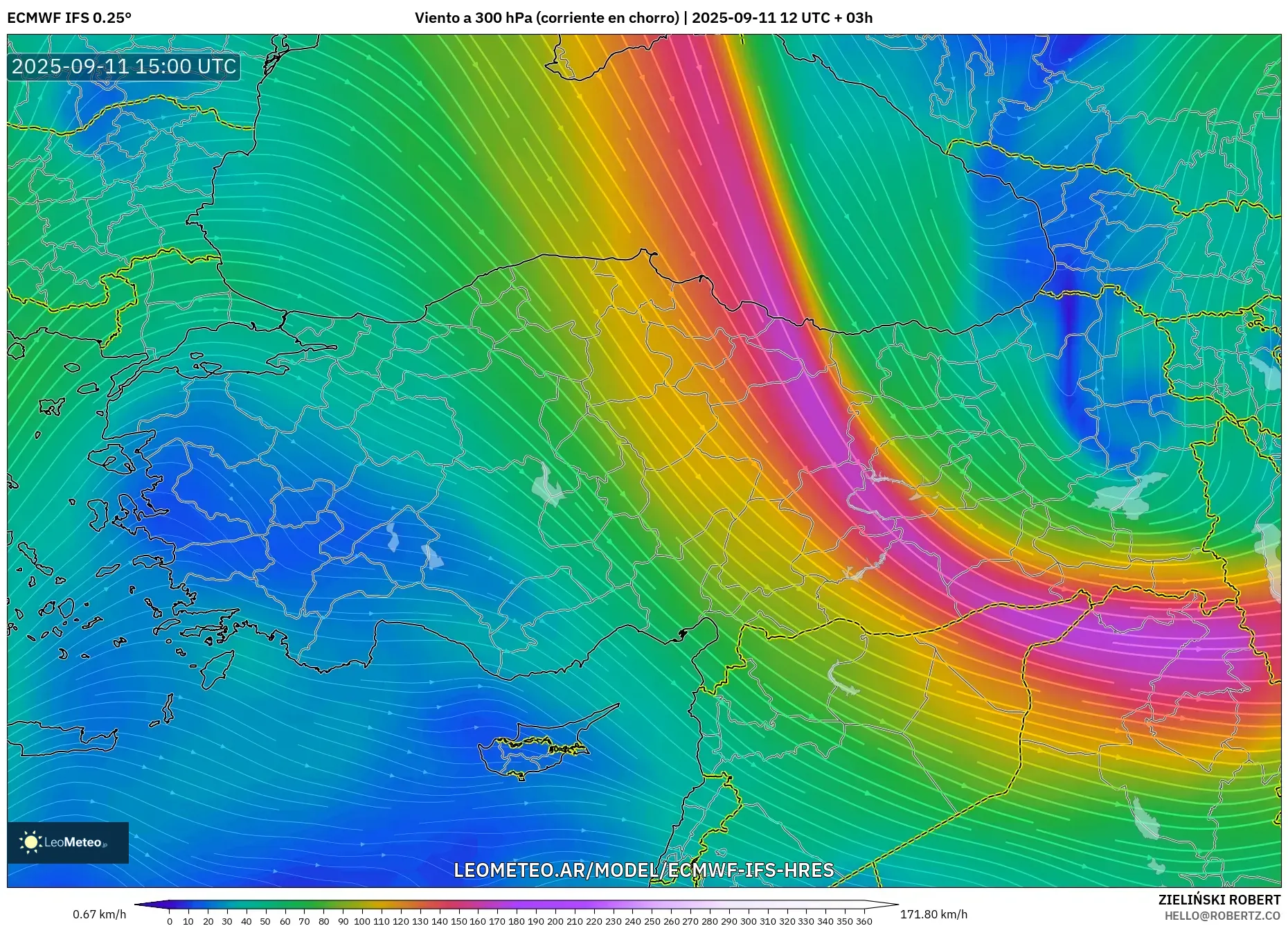 ECMWF IFS 0.25° model - Turquía, Viento a 300 hPa (corriente en chorro) ECMWF IFS 0.25° model - Turquía, Viento a 300 hPa (corriente en chorro)
