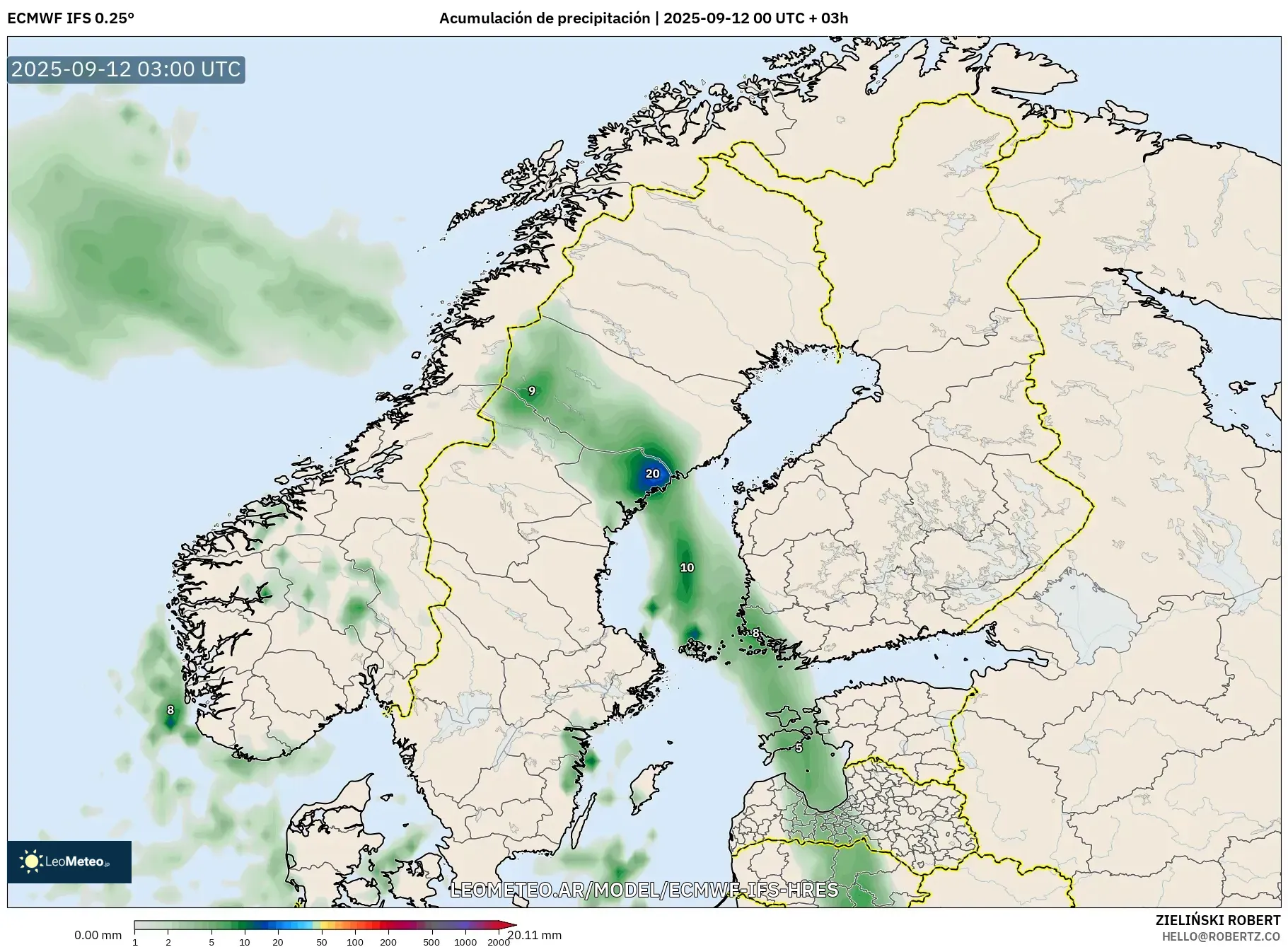 ECMWF IFS 0.25° model - Escandinavia, Acumulación de precipitación ECMWF IFS 0.25° model - Escandinavia, Acumulación de precipitación