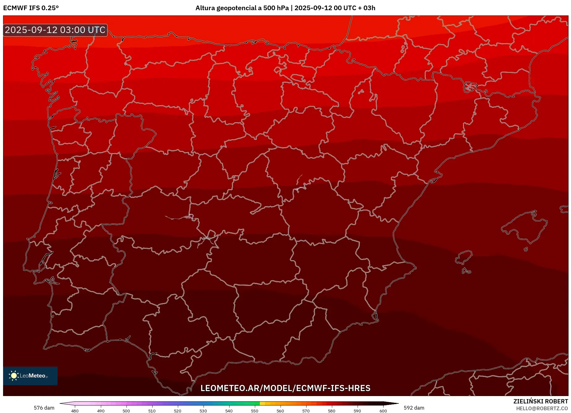 ECMWF IFS 0.25° model - España, Altura geopotencial a 500 hPa