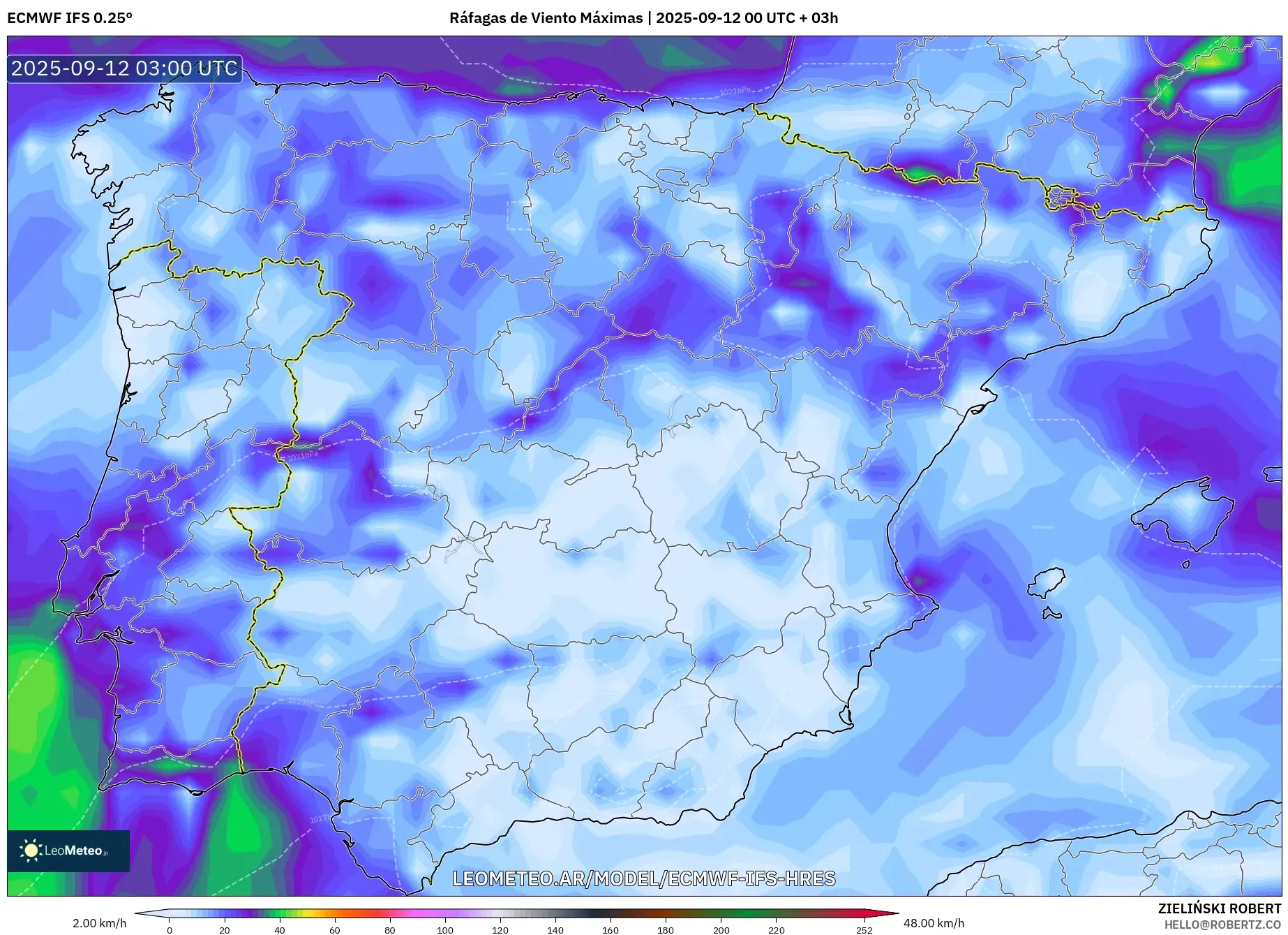 ECMWF IFS 0.25° model - España, Ráfagas de Viento Máximas