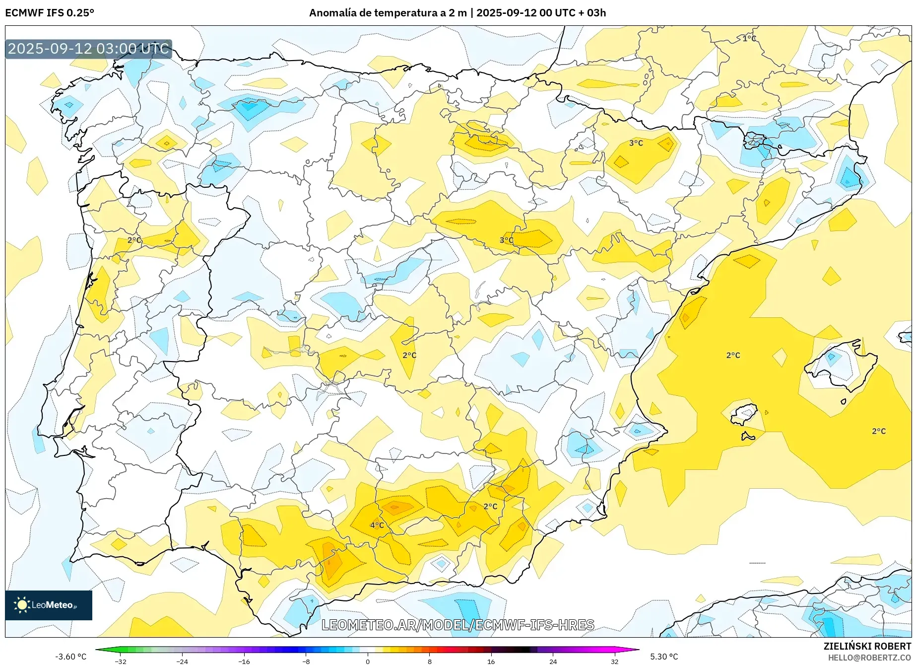 ECMWF IFS 0.25° model - España, Anomalía de temperatura a 2 m ECMWF IFS 0.25° model - España, Anomalía de temperatura a 2 m