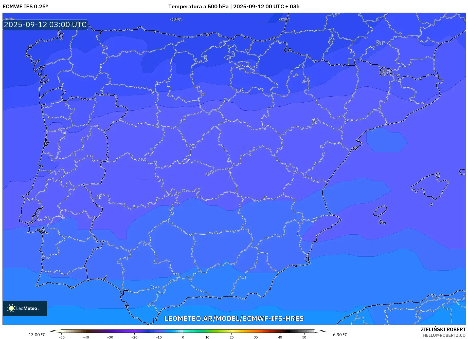 ECMWF IFS 0.25° model - España, Temperatura a 500 hPa