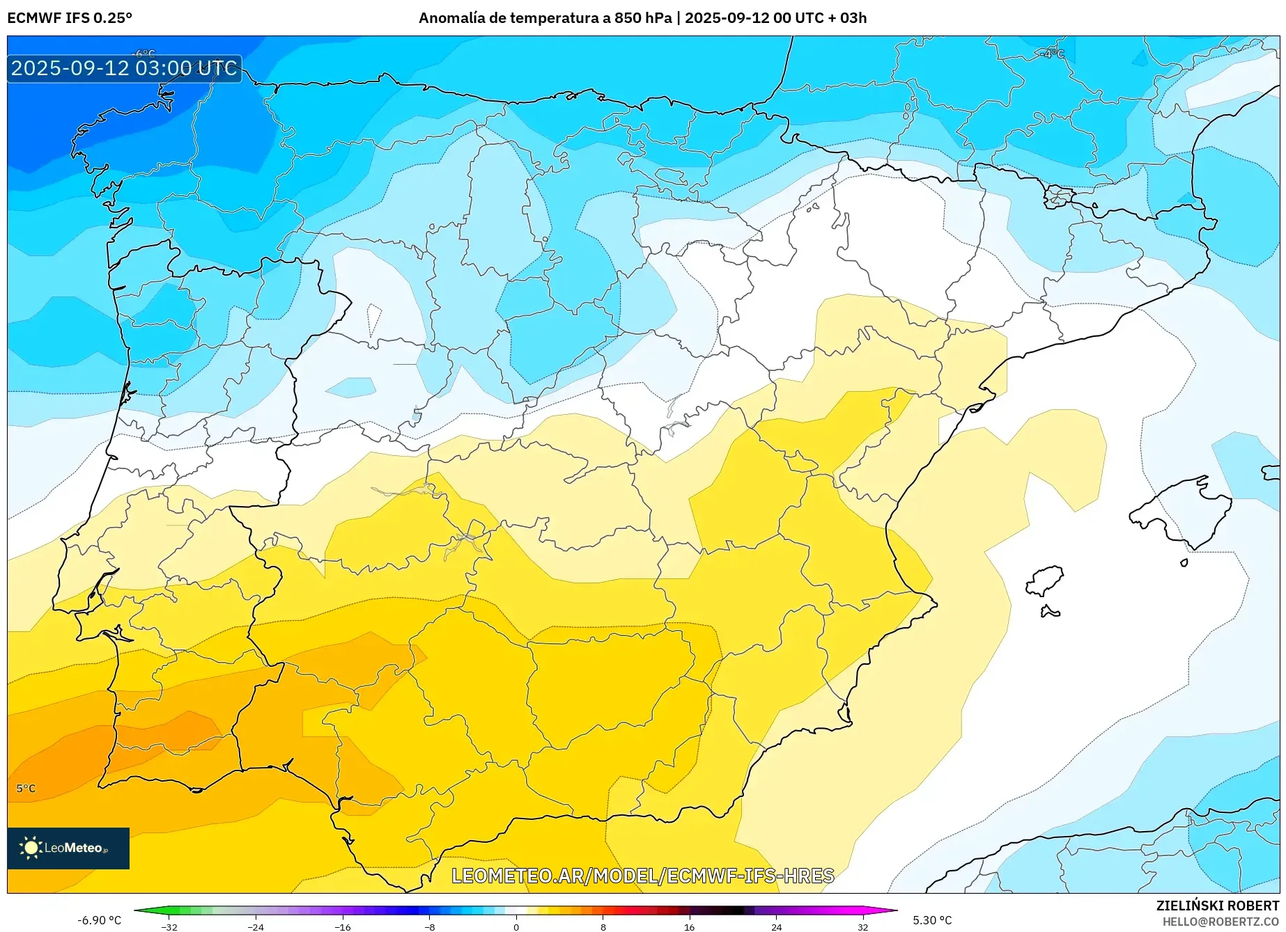 ECMWF IFS 0.25° model - España, Anomalía de temperatura a 850 hPa ECMWF IFS 0.25° model - España, Anomalía de temperatura a 850 hPa