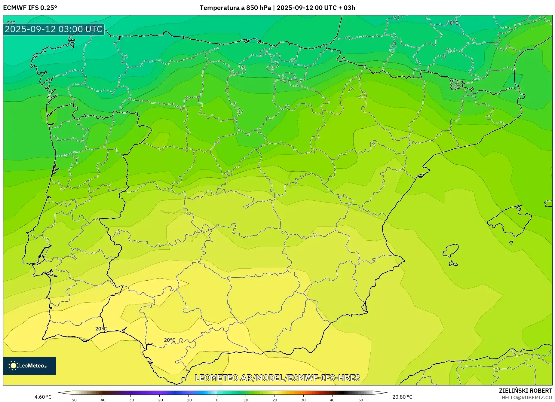 ECMWF IFS 0.25° model - España, Temperatura a 850 hPa ECMWF IFS 0.25° model - España, Temperatura a 850 hPa