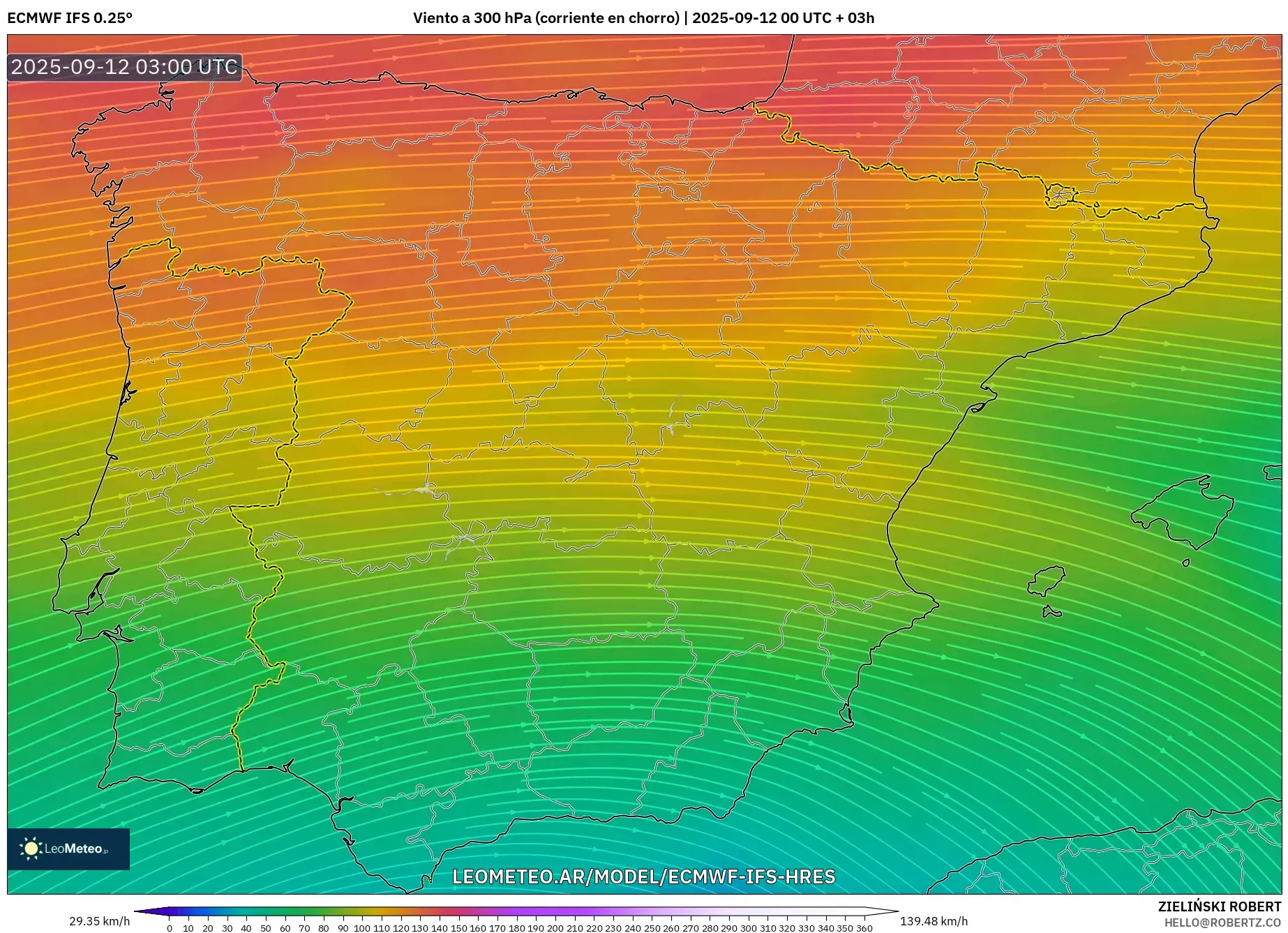 ECMWF IFS 0.25° model - España, Viento a 300 hPa (corriente en chorro) ECMWF IFS 0.25° model - España, Viento a 300 hPa (corriente en chorro)