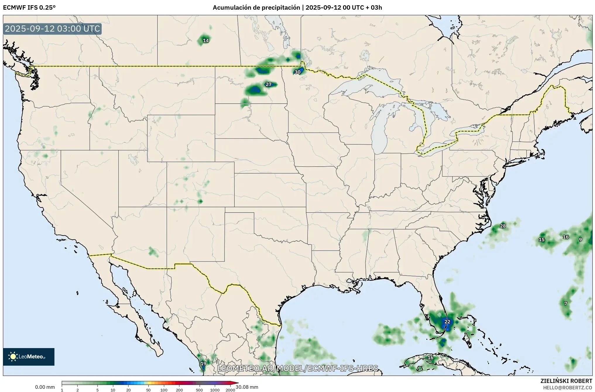 ECMWF IFS 0.25° model - Estados Unidos, Acumulación de precipitación ECMWF IFS 0.25° model - Estados Unidos, Acumulación de precipitación