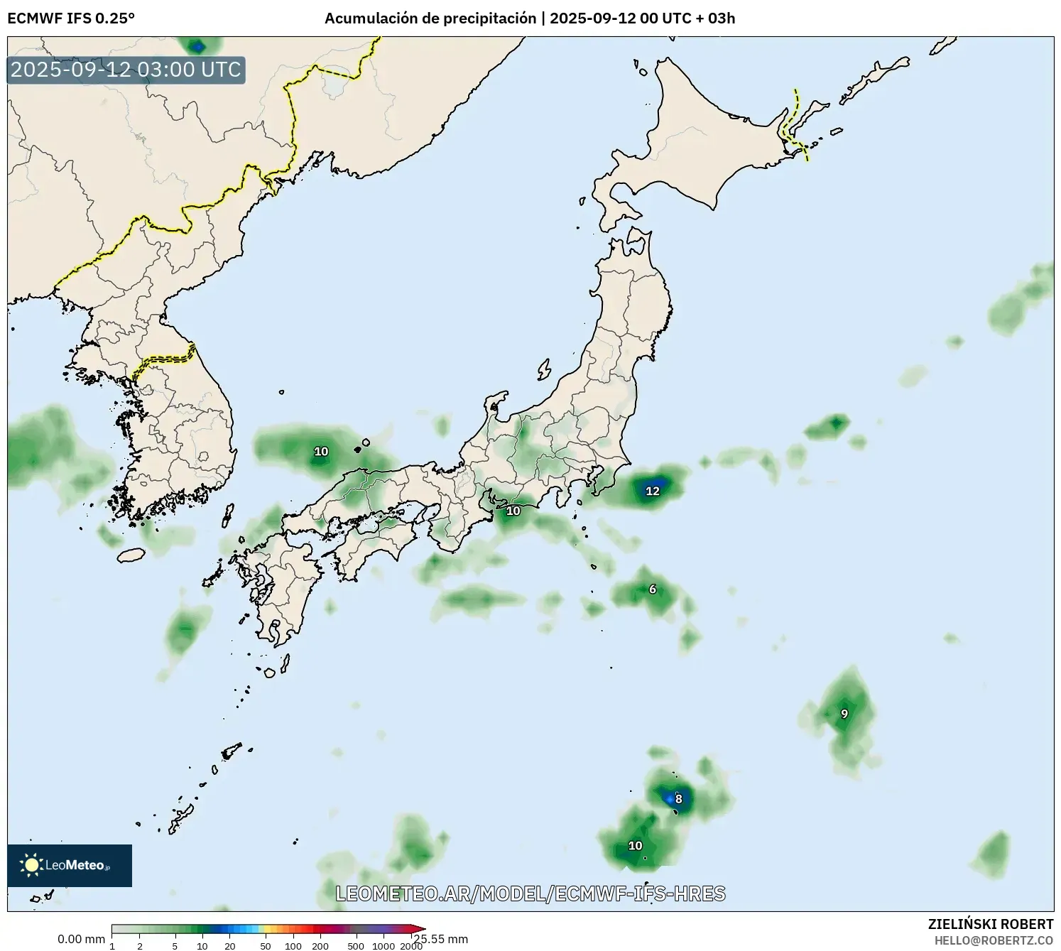 ECMWF IFS 0.25° model - Japón, Acumulación de precipitación