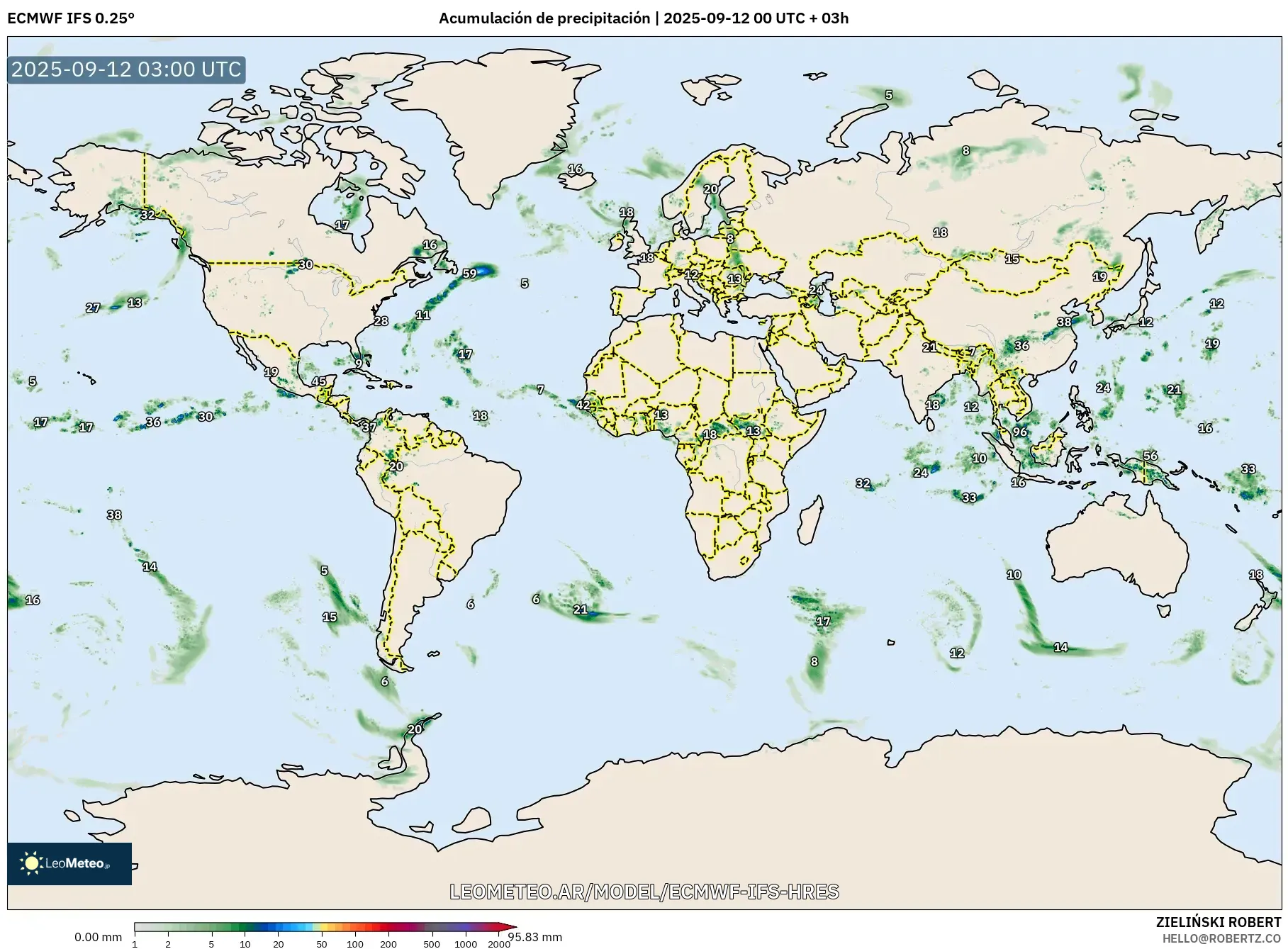 ECMWF IFS 0.25° model - Mundo, Acumulación de precipitación ECMWF IFS 0.25° model - Mundo, Acumulación de precipitación
