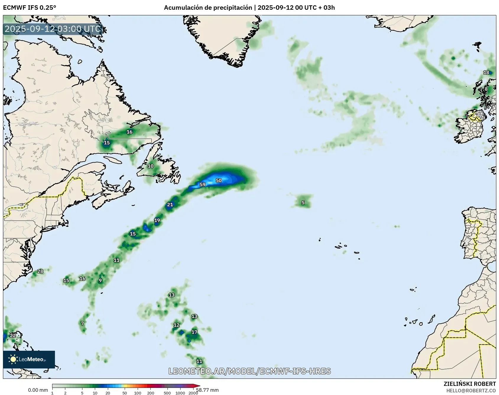 ECMWF IFS 0.25° model - Norte Atlántico, Acumulación de precipitación