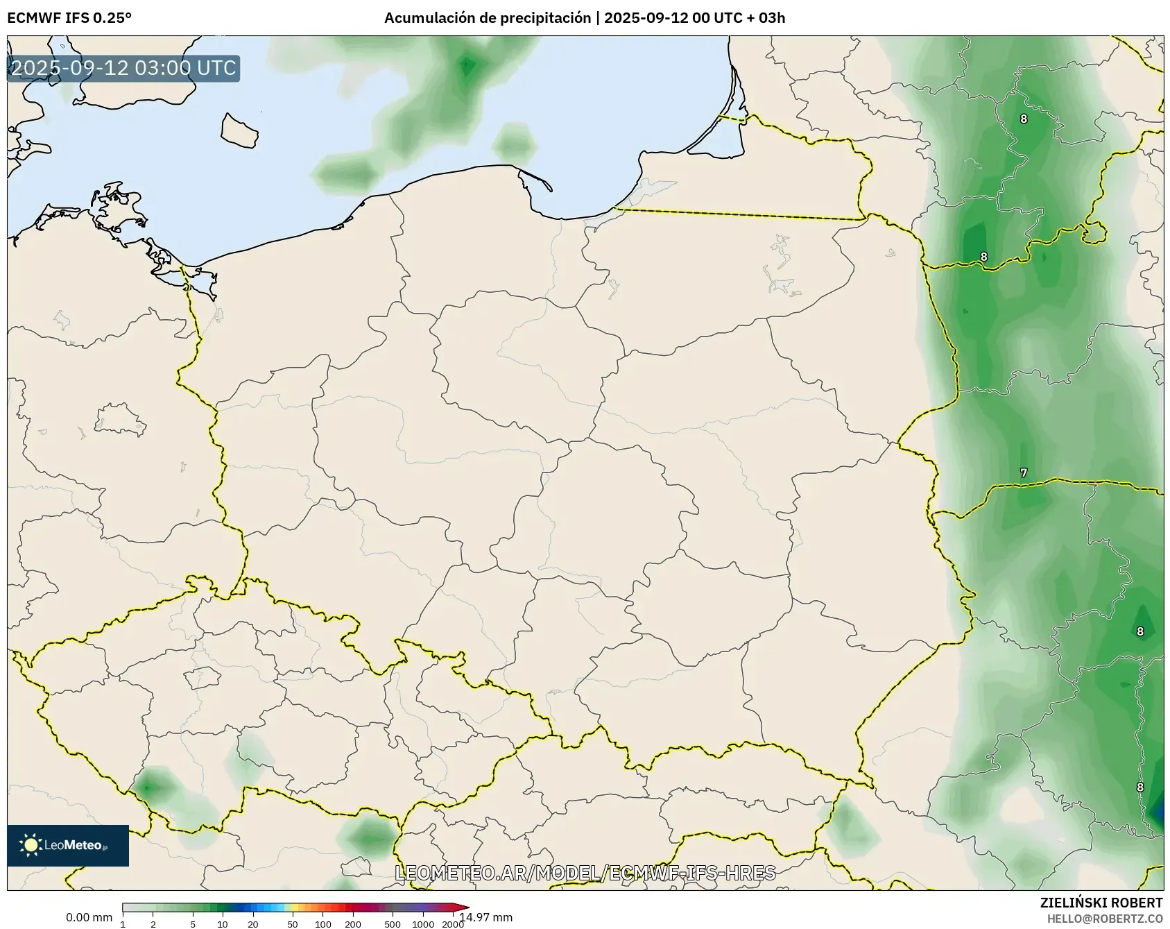 ECMWF IFS 0.25° model - Polonia, Acumulación de precipitación