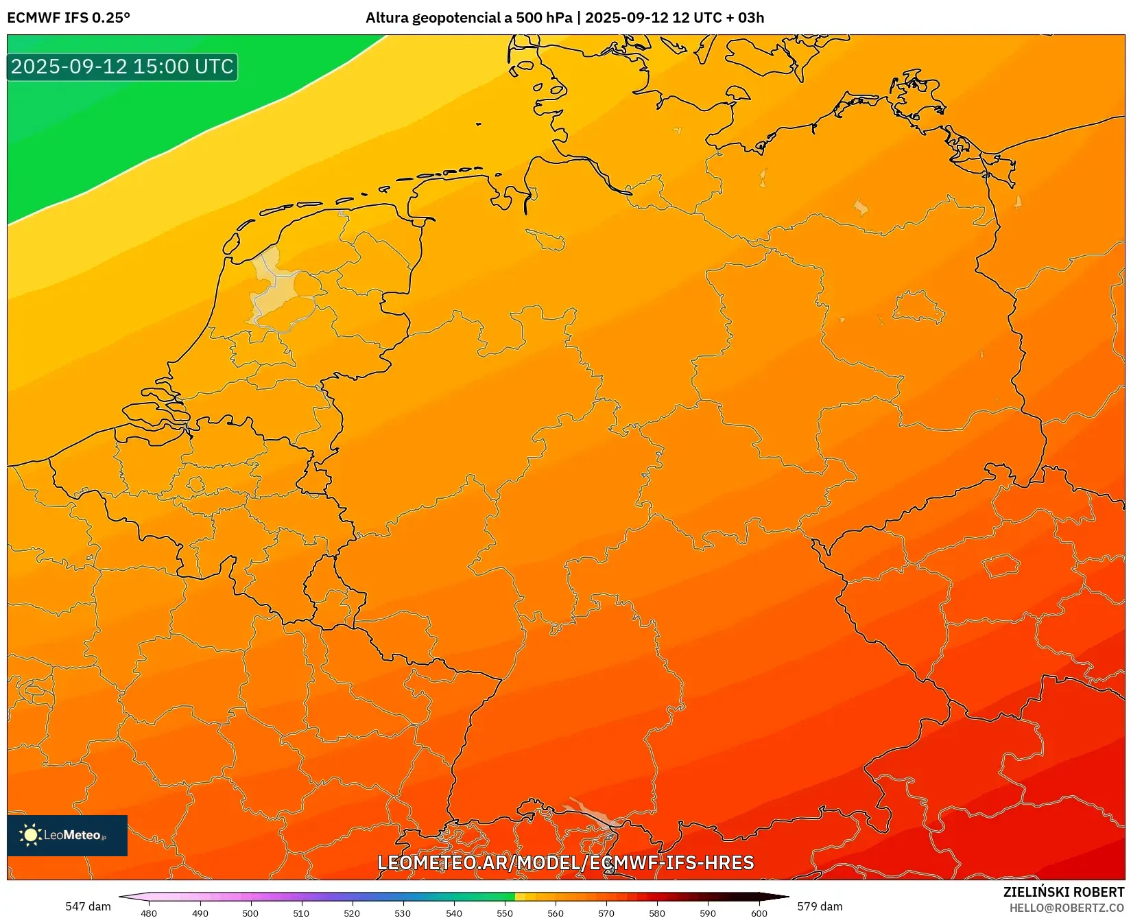 ECMWF IFS 0.25° model - Alemania, Altura geopotencial a 500 hPa