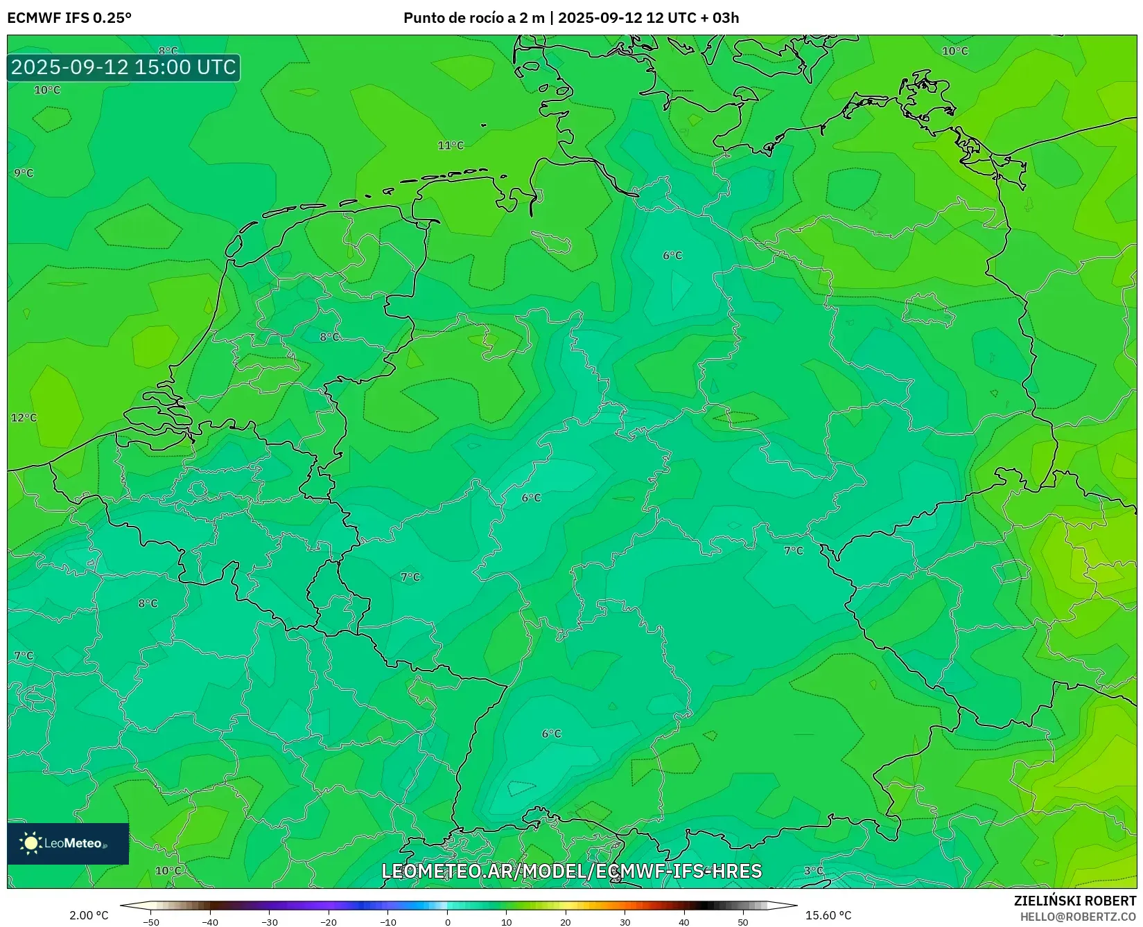 ECMWF IFS 0.25° model - Alemania, Punto de rocío a 2 m ECMWF IFS 0.25° model - Alemania, Punto de rocío a 2 m