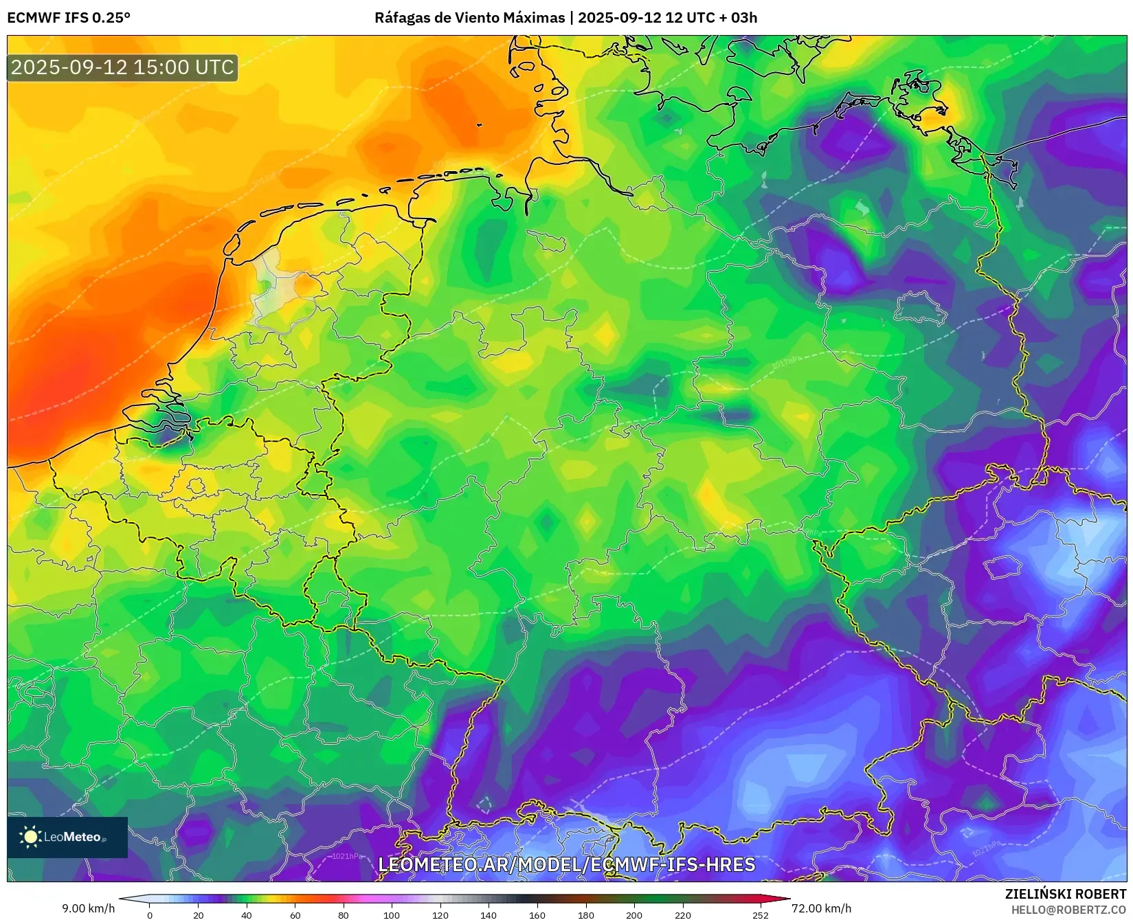 ECMWF IFS 0.25° model - Alemania, Ráfagas de Viento Máximas ECMWF IFS 0.25° model - Alemania, Ráfagas de Viento Máximas