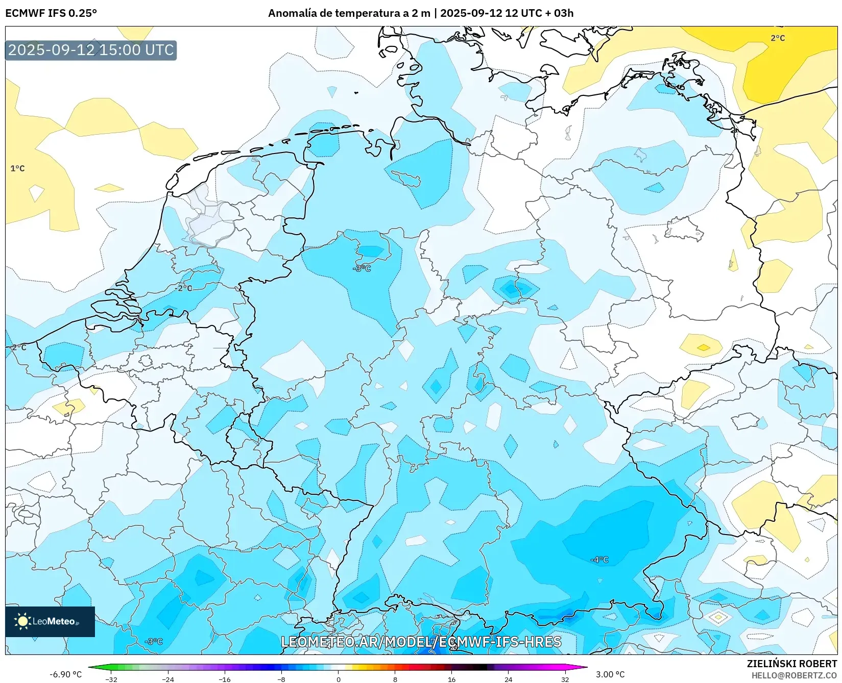 ECMWF IFS 0.25° model - Alemania, Anomalía de temperatura a 2 m