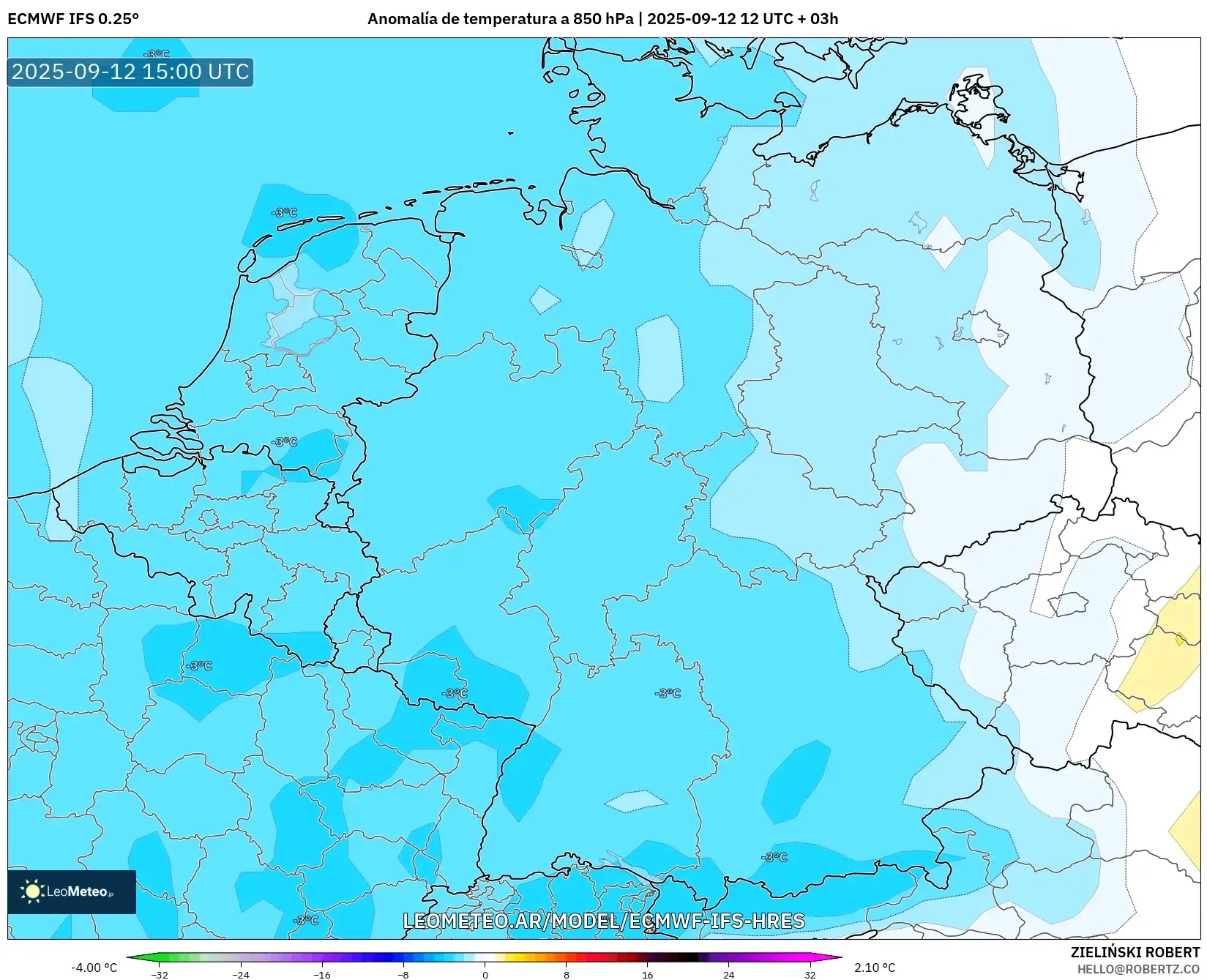 ECMWF IFS 0.25° model - Alemania, Anomalía de temperatura a 850 hPa ECMWF IFS 0.25° model - Alemania, Anomalía de temperatura a 850 hPa