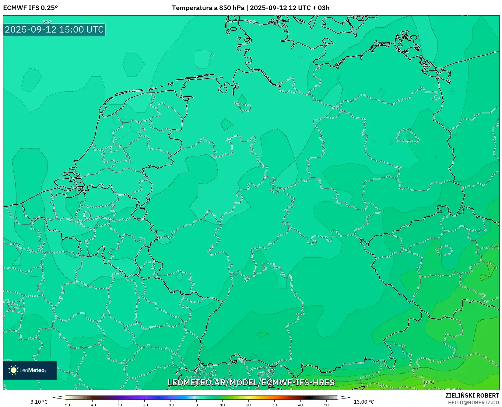 ECMWF IFS 0.25° model - Alemania, Temperatura a 850 hPa