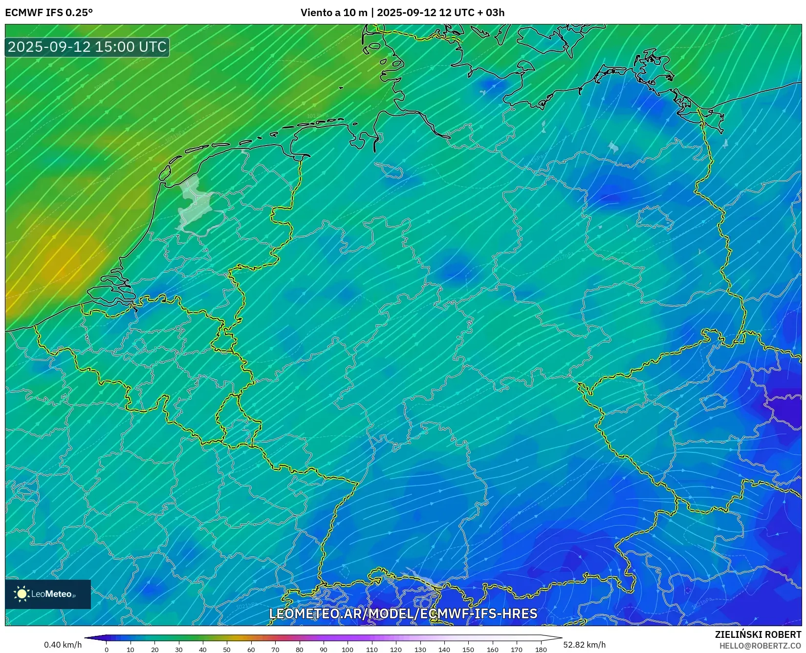 ECMWF IFS 0.25° model - Alemania, Viento a 10 m