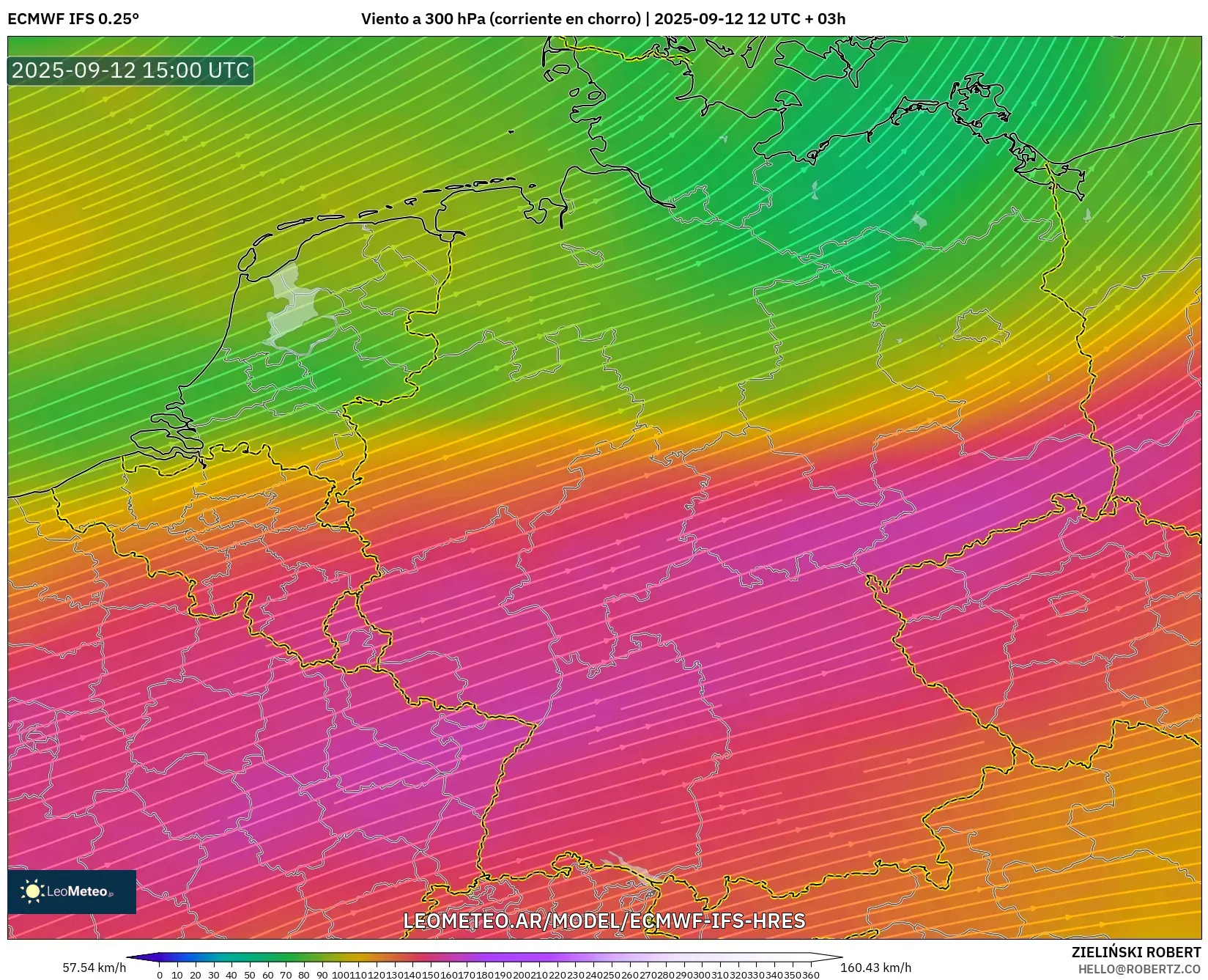 ECMWF IFS 0.25° model - Alemania, Viento a 300 hPa (corriente en chorro)