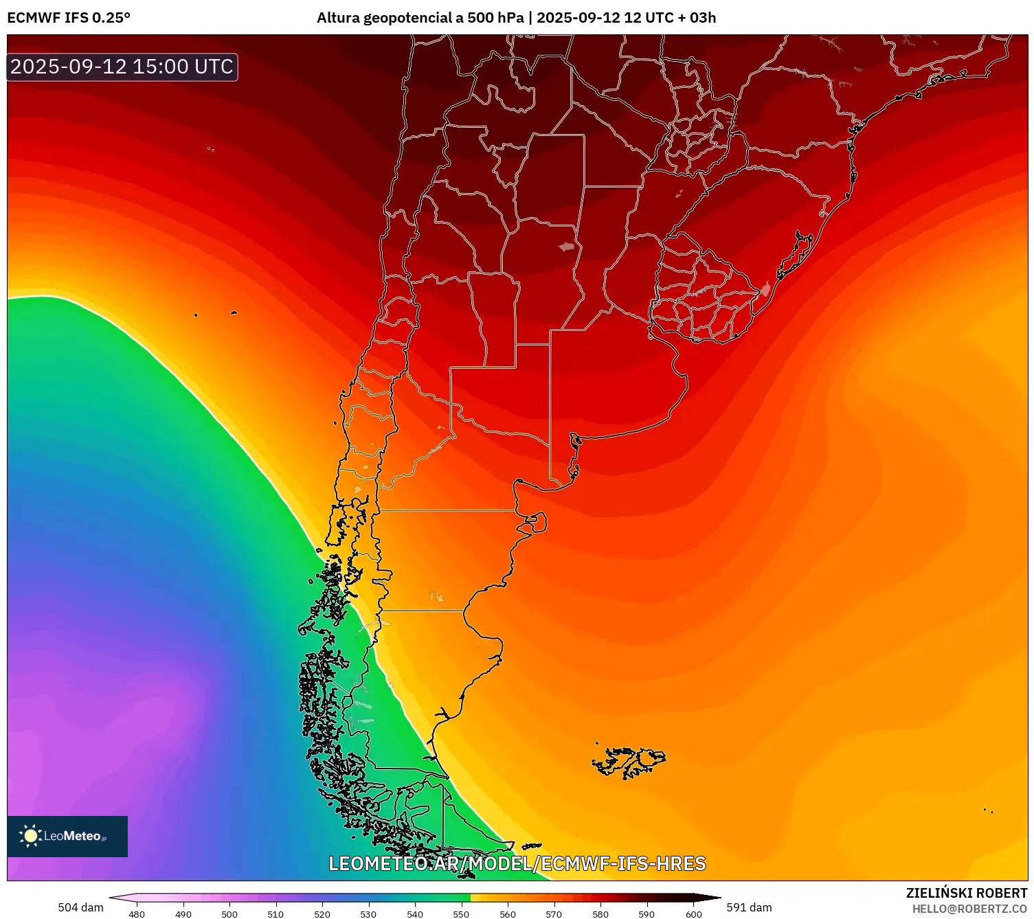 ECMWF IFS 0.25° model - Argentina, Altura geopotencial a 500 hPa