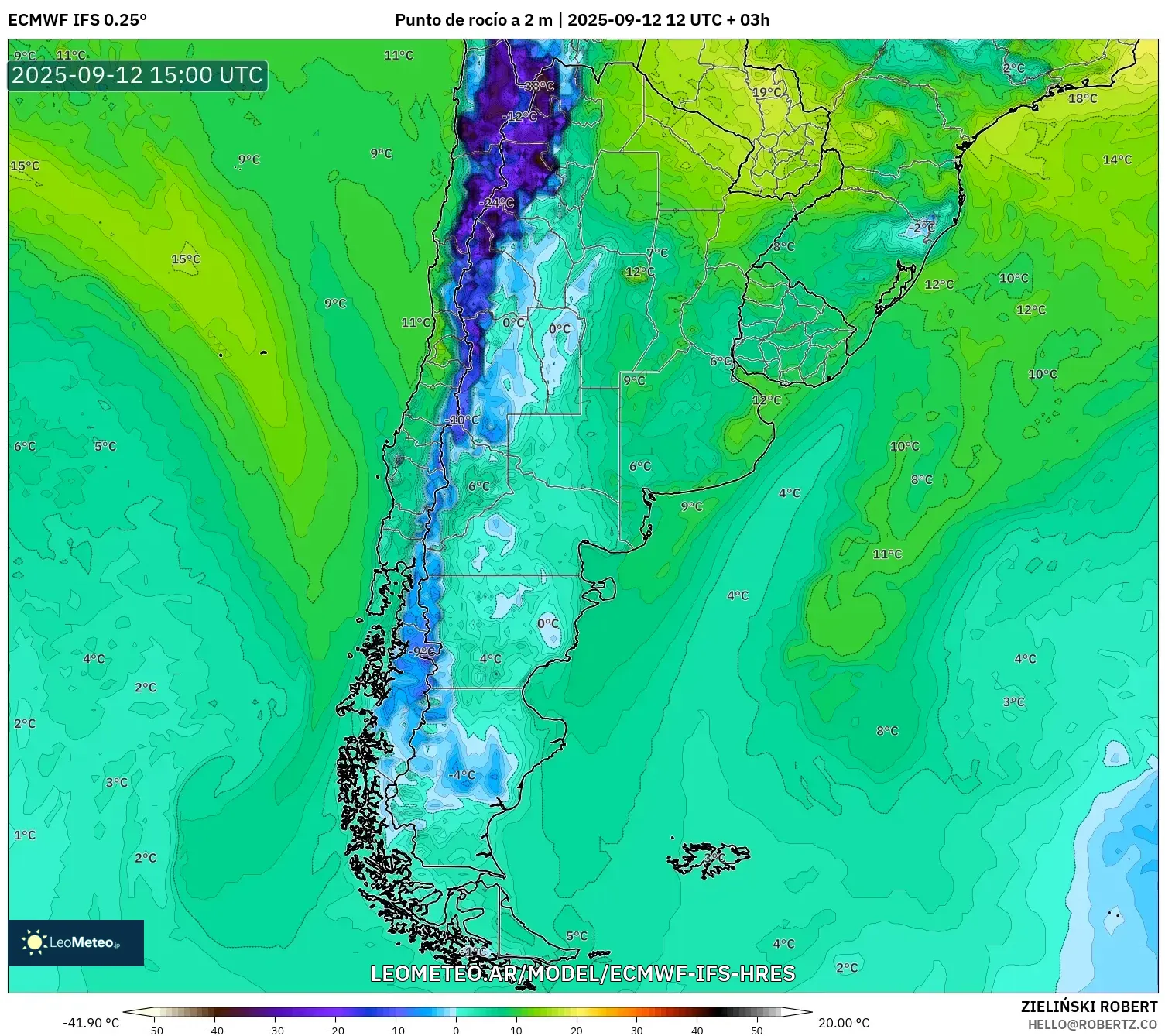 ECMWF IFS 0.25° model - Argentina, Punto de rocío a 2 m ECMWF IFS 0.25° model - Argentina, Punto de rocío a 2 m