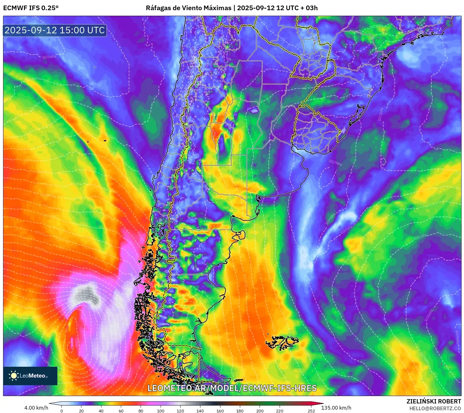 ECMWF IFS 0.25° model - Argentina, Ráfagas de Viento Máximas ECMWF IFS 0.25° model - Argentina, Ráfagas de Viento Máximas