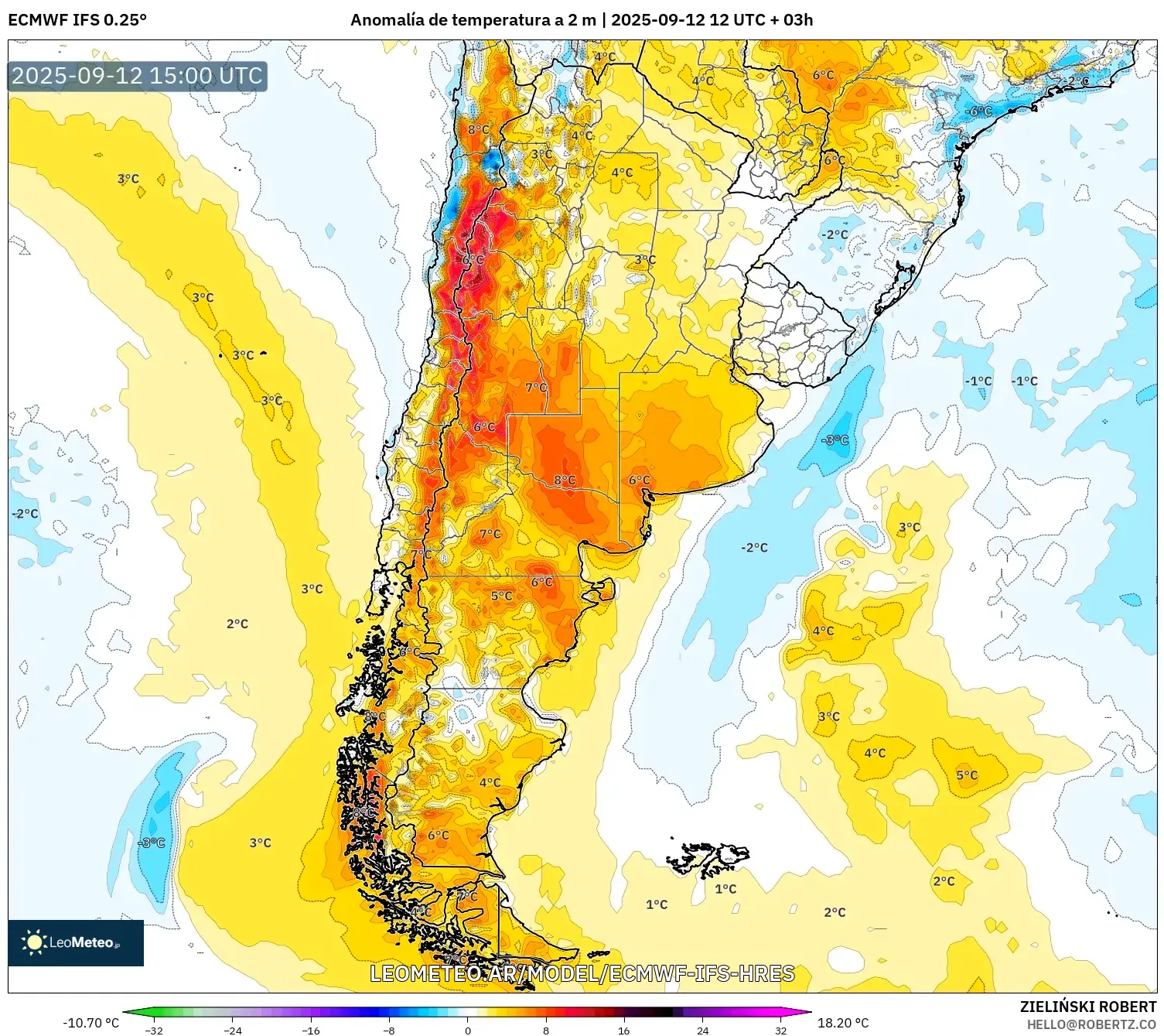 ECMWF IFS 0.25° model - Argentina, Anomalía de temperatura a 2 m