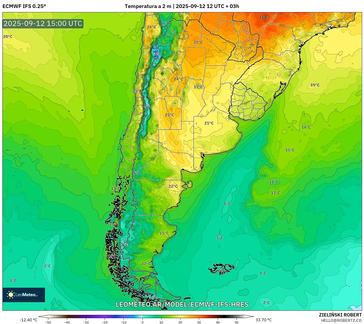 ECMWF IFS 0.25° model - Argentina, Temperatura a 2 m ECMWF IFS 0.25° model - Argentina, Temperatura a 2 m