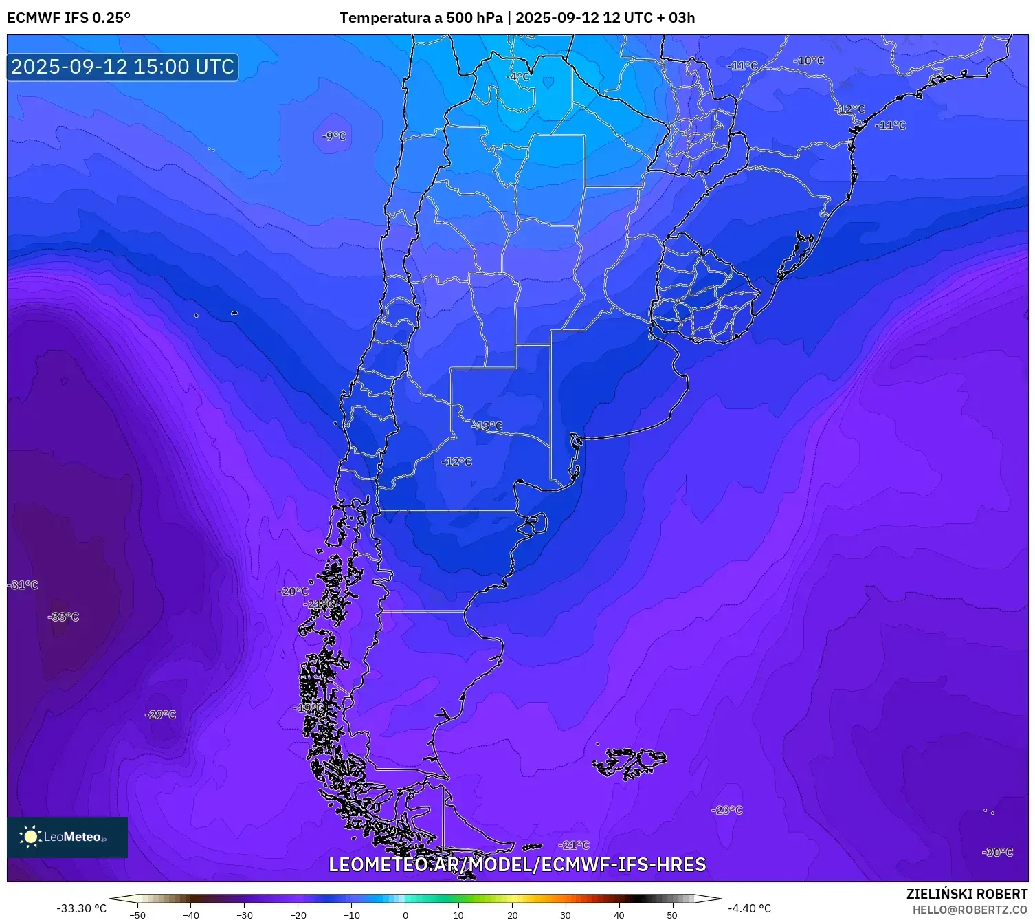 ECMWF IFS 0.25° model - Argentina, Temperatura a 500 hPa ECMWF IFS 0.25° model - Argentina, Temperatura a 500 hPa