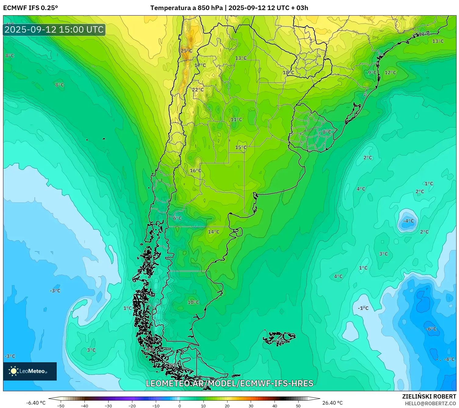 ECMWF IFS 0.25° model - Argentina, Temperatura a 850 hPa ECMWF IFS 0.25° model - Argentina, Temperatura a 850 hPa