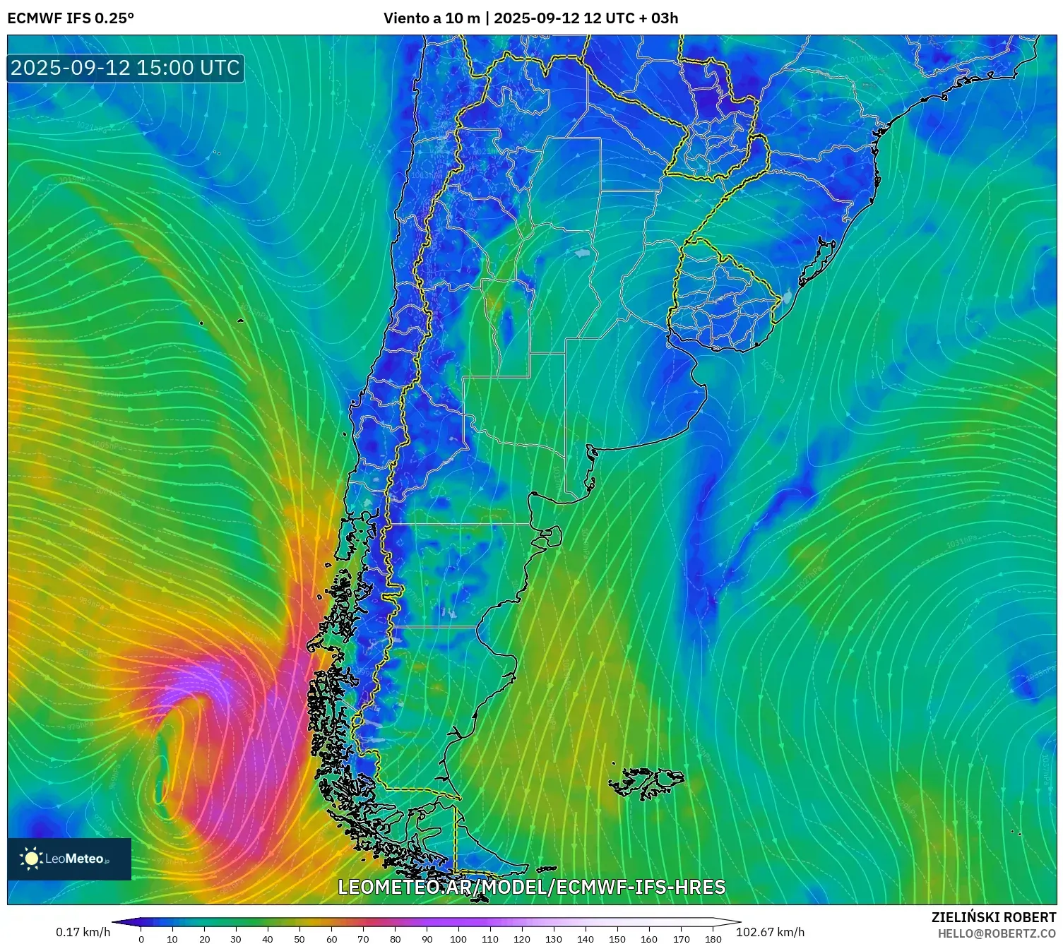 ECMWF IFS 0.25° model - Argentina, Viento a 10 m
