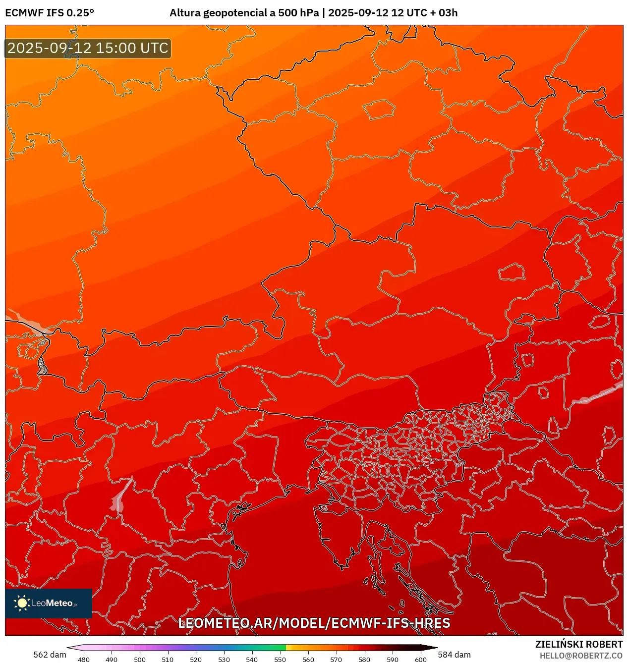 ECMWF IFS 0.25° model - Austria, Altura geopotencial a 500 hPa ECMWF IFS 0.25° model - Austria, Altura geopotencial a 500 hPa