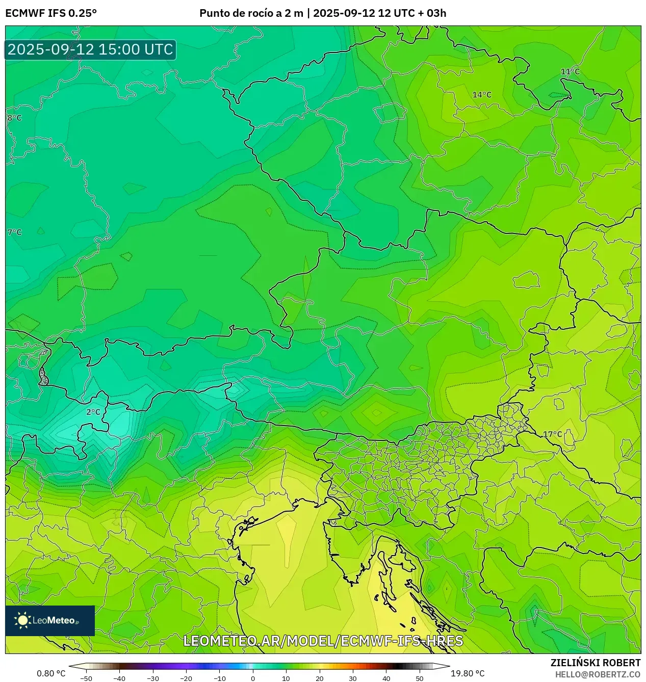 ECMWF IFS 0.25° model - Austria, Punto de rocío a 2 m ECMWF IFS 0.25° model - Austria, Punto de rocío a 2 m
