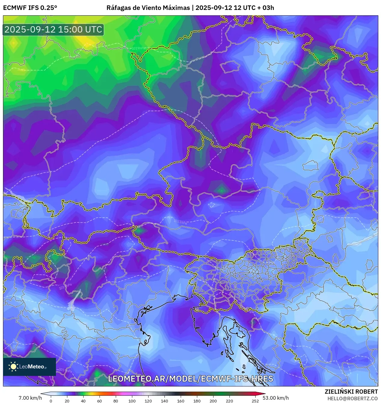 ECMWF IFS 0.25° model - Austria, Ráfagas de Viento Máximas