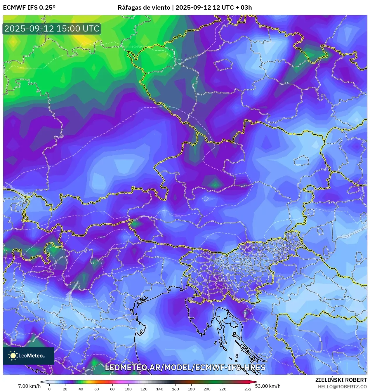 ECMWF IFS 0.25° model - Austria, Ráfagas de viento ECMWF IFS 0.25° model - Austria, Ráfagas de viento
