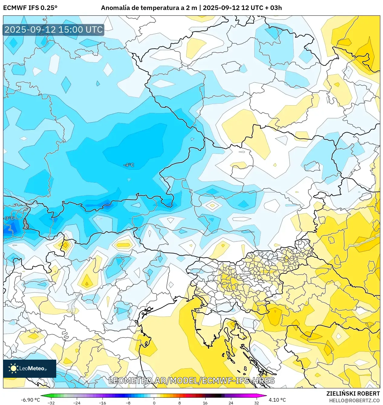ECMWF IFS 0.25° model - Austria, Anomalía de temperatura a 2 m