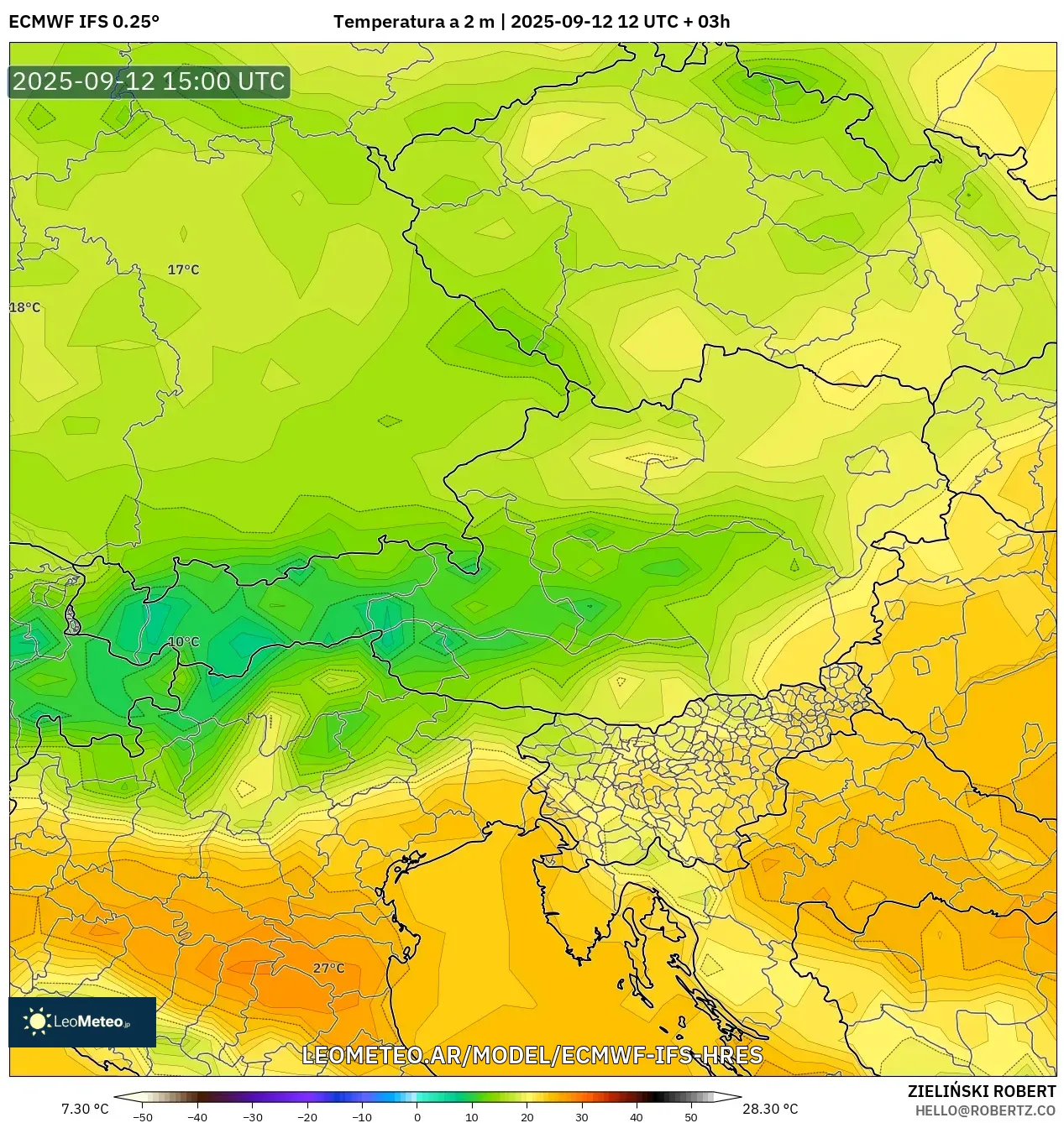 ECMWF IFS 0.25° model - Austria, Temperatura a 2 m ECMWF IFS 0.25° model - Austria, Temperatura a 2 m