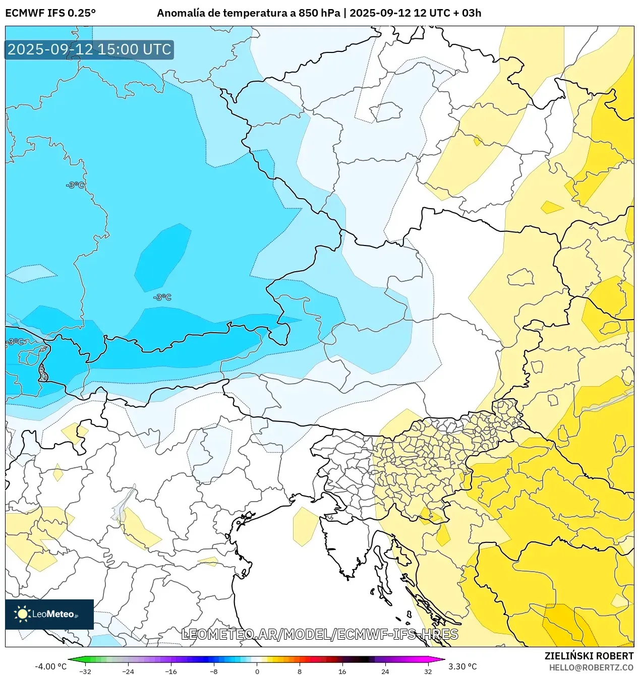 ECMWF IFS 0.25° model - Austria, Anomalía de temperatura a 850 hPa