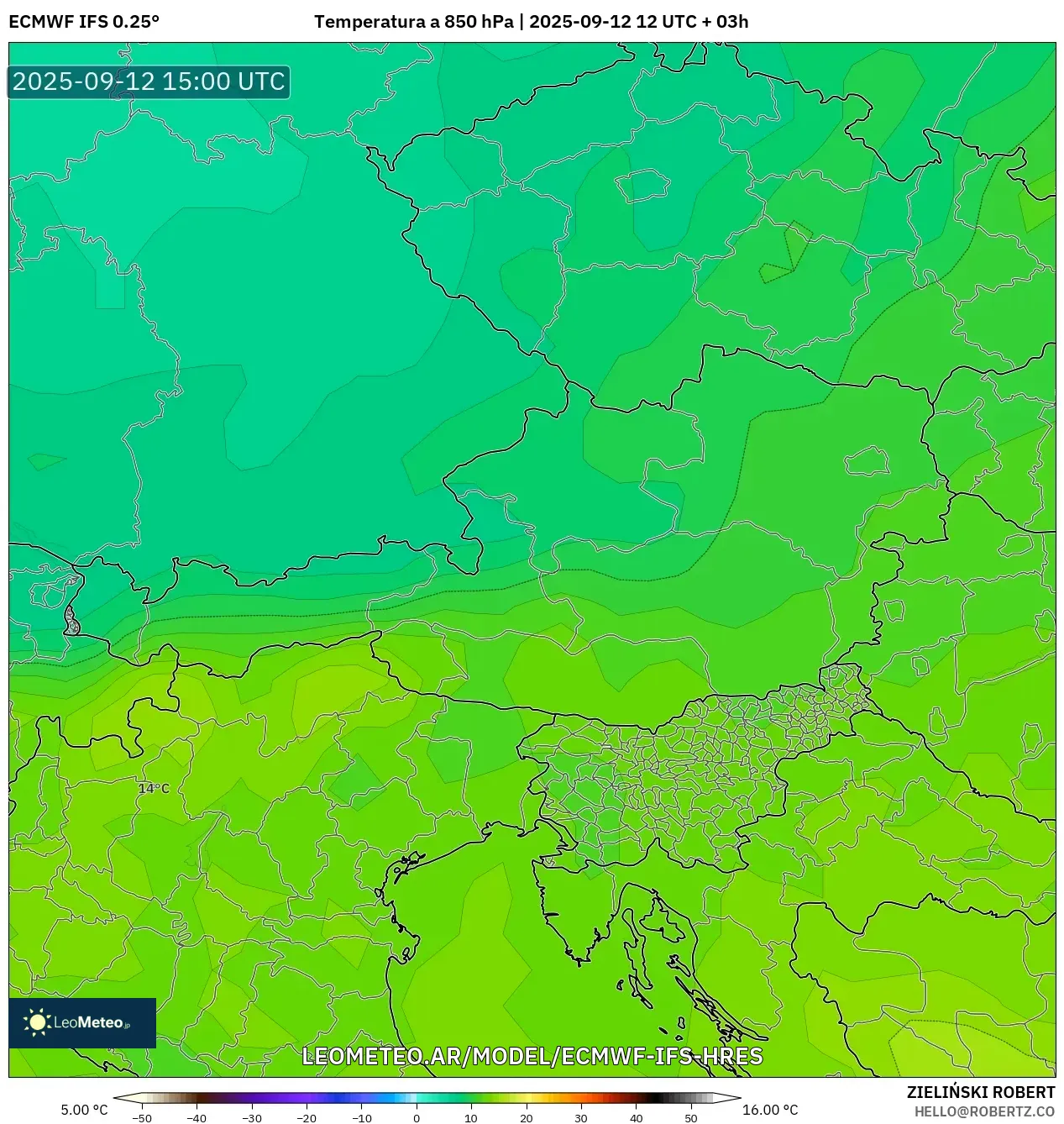 ECMWF IFS 0.25° model - Austria, Temperatura a 850 hPa