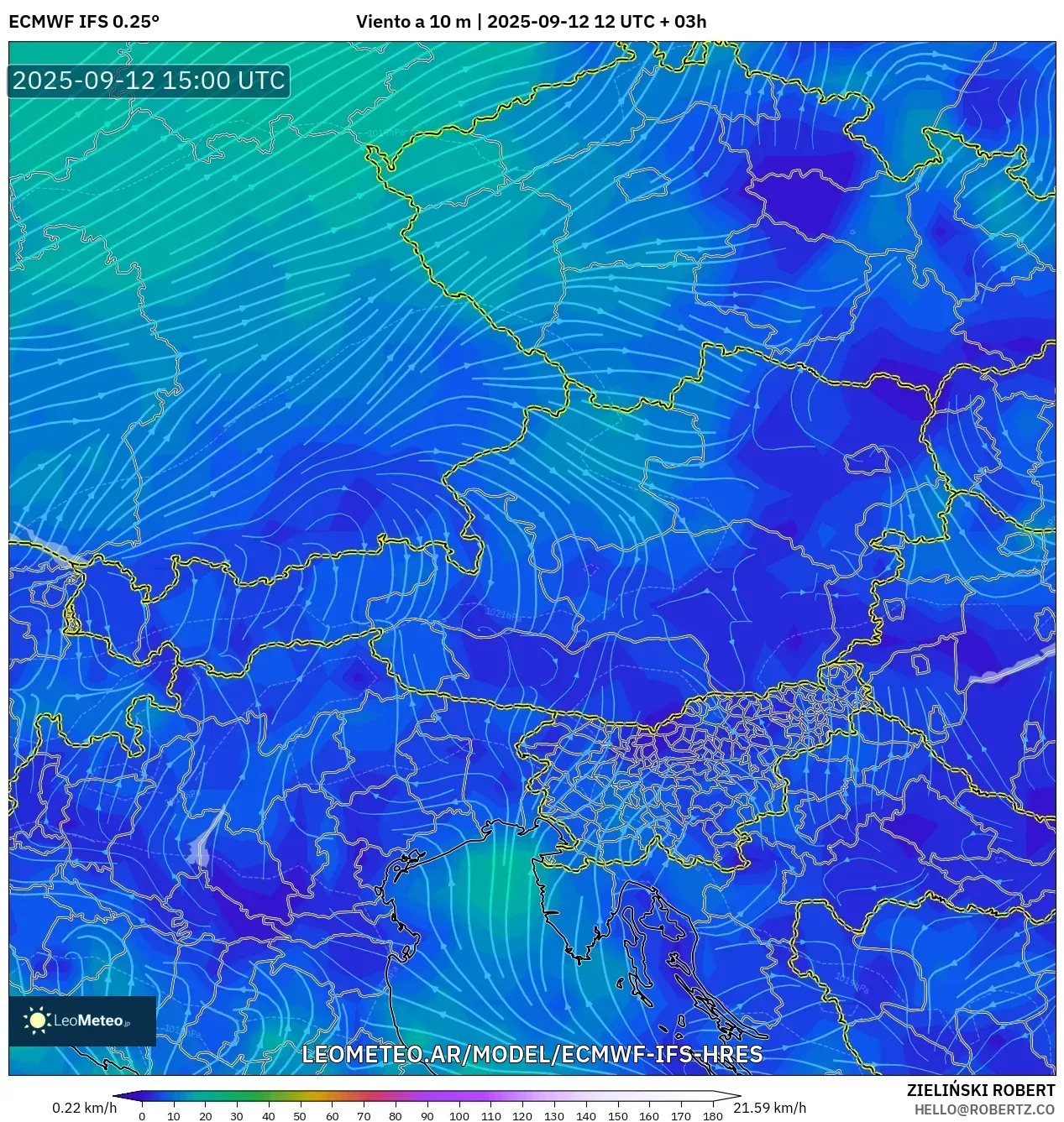 ECMWF IFS 0.25° model - Austria, Viento a 10 m