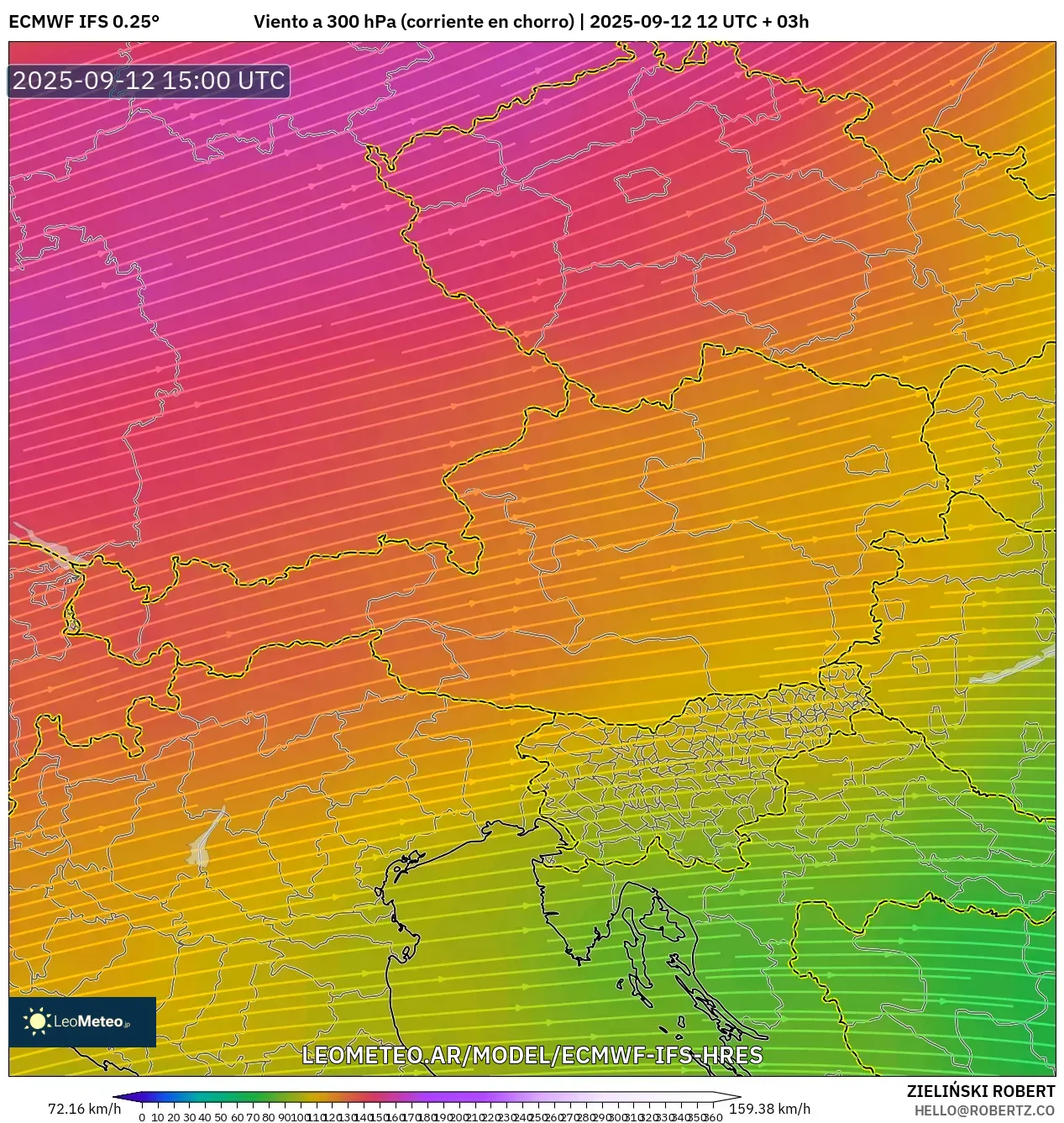 ECMWF IFS 0.25° model - Austria, Viento a 300 hPa (corriente en chorro) ECMWF IFS 0.25° model - Austria, Viento a 300 hPa (corriente en chorro)