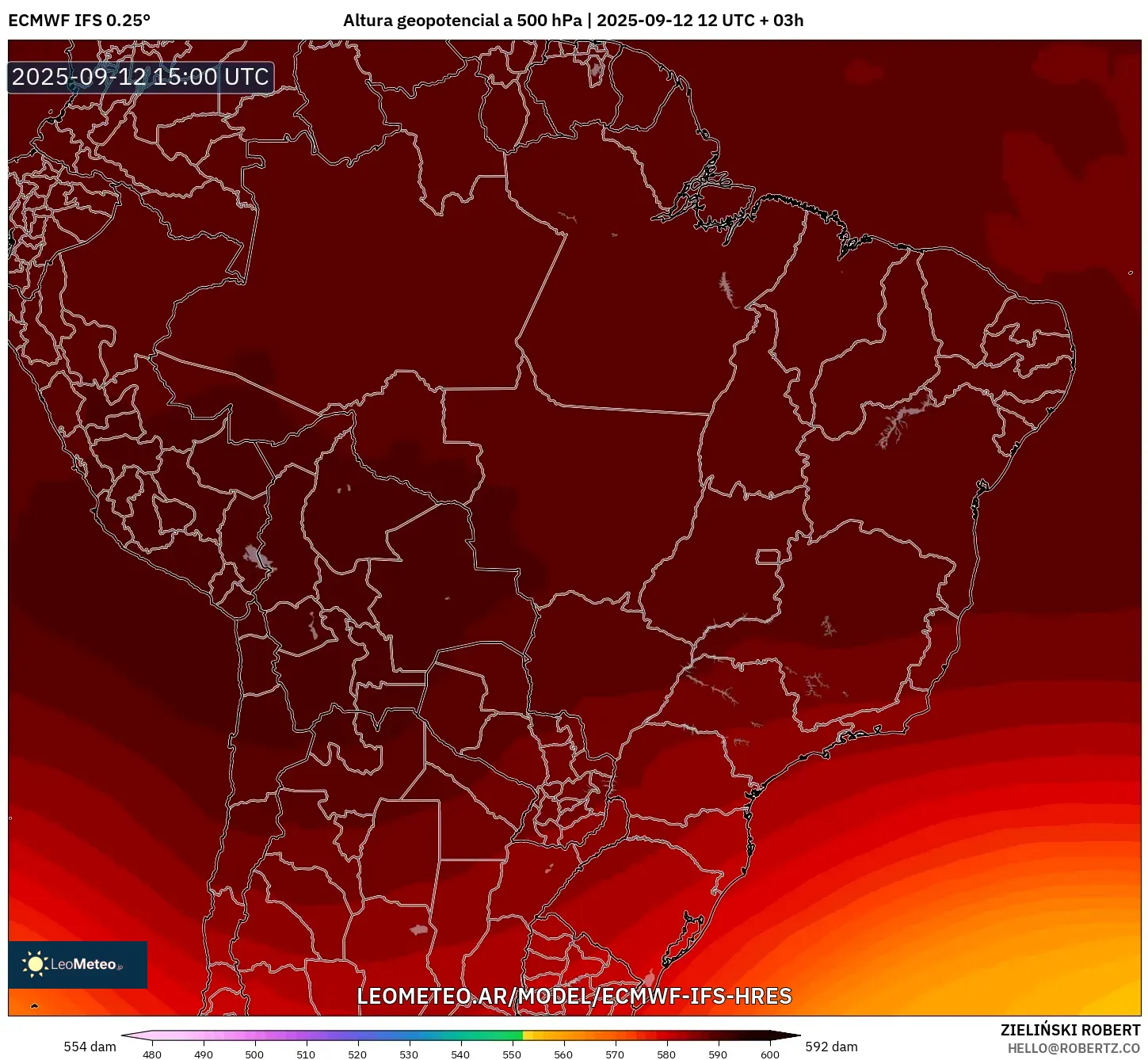 ECMWF IFS 0.25° model - Brasil, Altura geopotencial a 500 hPa ECMWF IFS 0.25° model - Brasil, Altura geopotencial a 500 hPa