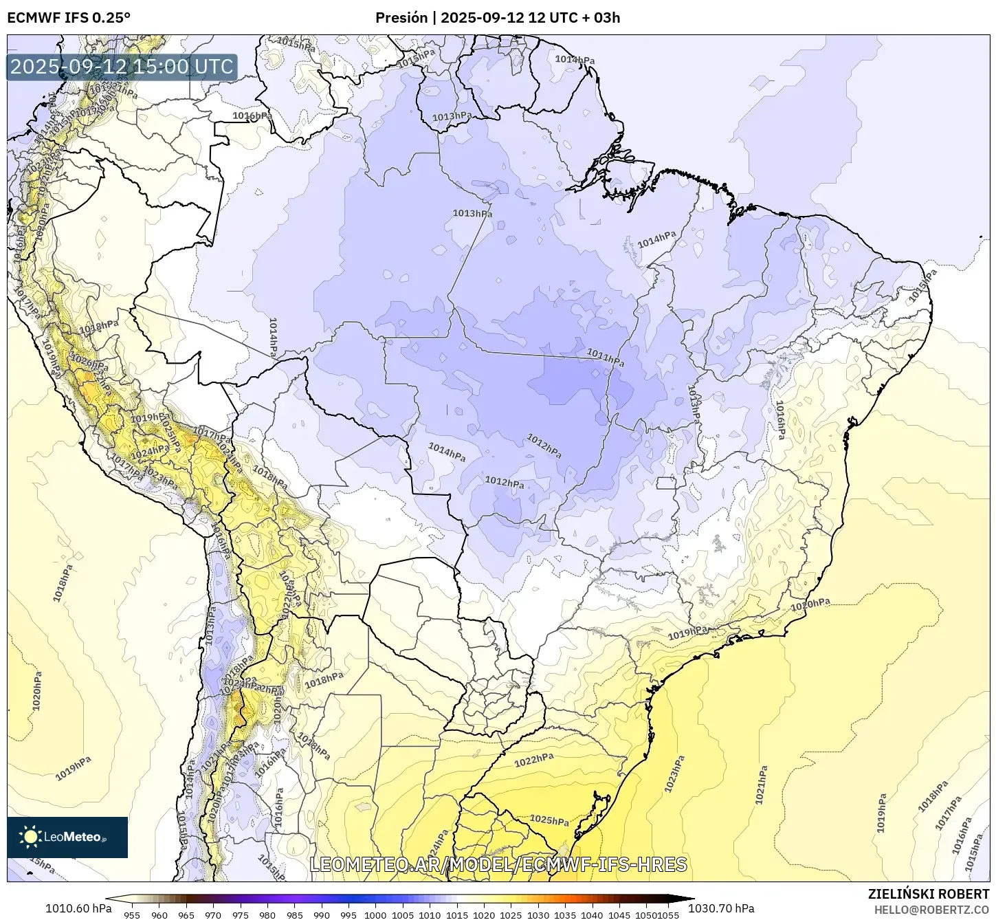 ECMWF IFS 0.25° model - Brasil, Presión ECMWF IFS 0.25° model - Brasil, Presión