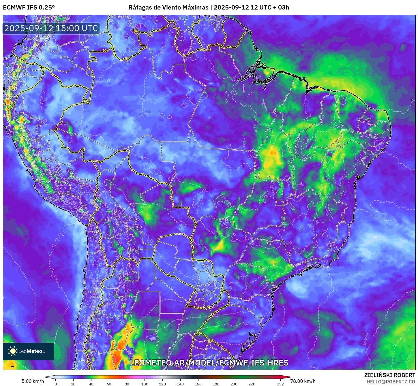 ECMWF IFS 0.25° model - Brasil, Ráfagas de Viento Máximas